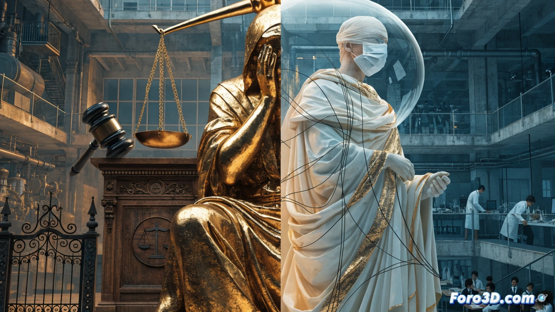 photorealistic cinematic scene of a political leader standing behind a podium with a gavel and legal documents, while a transparent overlay shows a hospital with empty shelves and a school with a closed sign, a judicial scale tilting unevenly with money bags on one side and a broken stethoscope on the other, dramatic shadows, high contrast lighting, cold blue and desaturated tones, ultra-detailed textures on wood and paper, subtle motion blur on the gavel as if being struck, technical illustration style