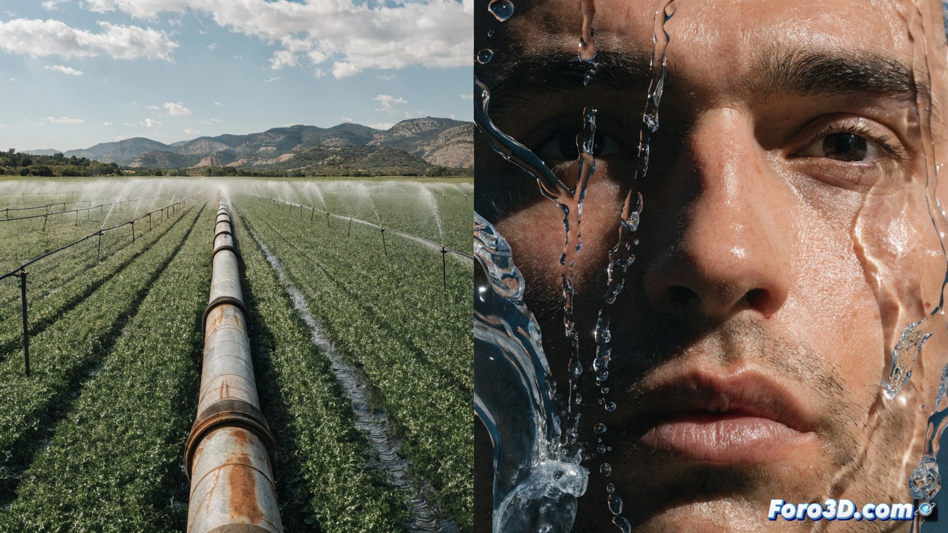 Aerial view of a cracked, dry riverbed splitting into two scenes: left side shows massive green pivot irrigation circles draining a shrinking reservoir, right side shows a single rusty tap dripping over a dead cornfield, while a transparent pipeline labeled in blue flows from a distant dam directly to a factory-like industrial farm with dozens of water sprayers, contrasting with a small empty household water tank in the foreground, cinematic photorealistic style, dramatic golden hour lighting, harsh shadows emphasizing scarcity, ultra-detailed soil textures, reflective water droplets, realistic atmospheric haze, technical composition with geometric irrigation patterns, engineering visualization.