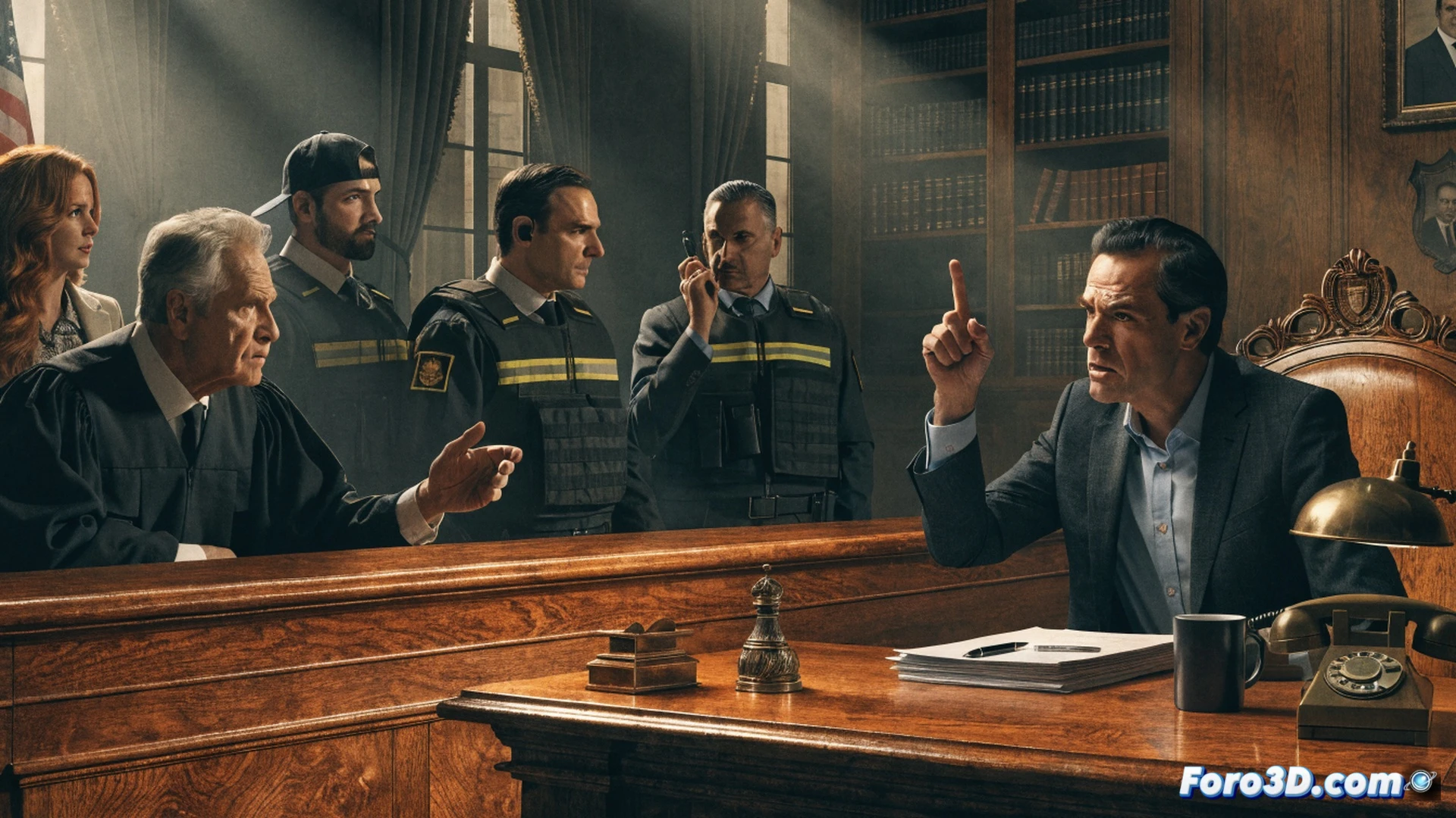 Estilo cinematográfico, escena de tribunal vacío con dos figuras opuestas: un juez de espaldas señalando una pantalla de vigilancia borrosa donde se ve un coche oficial, y un ministro al otro lado del estrado con el puño cerrado sobre un expediente vacío. Entre ambos, una balanza de la justicia agrietada y desplomada sobre un escritorio. Al fondo, una fila de ciudadanos desenfocados esperando en una sala de espera. Iluminación fría de fluorescentes, sombras alargadas, textura de hormigón y madera desgastada, photorealistic technical illustration.