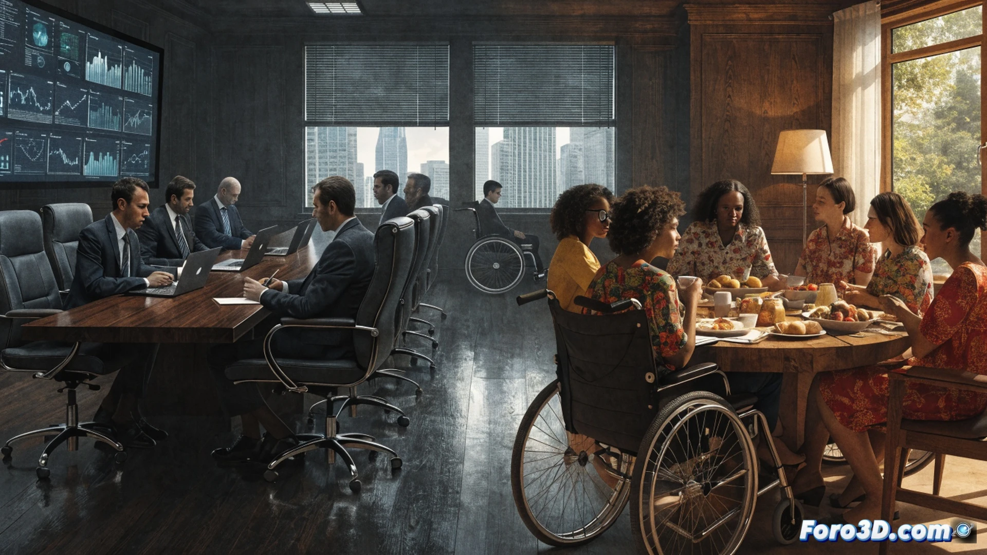 technical illustration of a wheelchair user navigating a cluttered office hallway, blocked by a fallen stack of diplomas and framed certificates, while a caregiver holds a broken accessibility ramp nearby, showing the contradiction between symbolic success and real exclusion, cinematic photorealistic style, harsh fluorescent lighting casting long shadows, metallic wheelchair spokes reflecting distorted text, torn blueprints and scattered assistive tools on the floor, concrete walls with peeling motivational posters, ultra-detailed textures, dramatic contrast between polished academic symbols and neglected infrastructure, engineering visualization of systemic failure