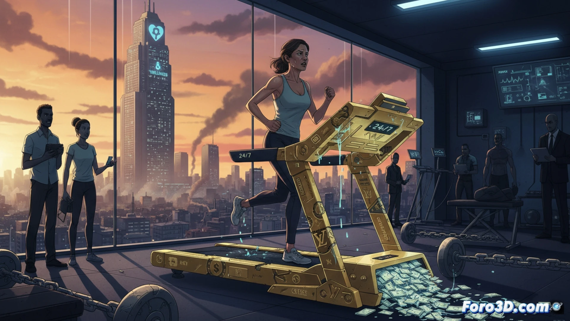 photorealistic cinematic scene, a stressed executive in business attire running on a luxury treadmill inside a glass-walled gym, sweat dripping while checking a smartwatch with rising heart rate data, in the background a person with simple sneakers jogs freely in a sunny park outside, the gym interior filled with expensive equipment and digital screens showing subscription costs, contrast between the anxious indoor workout and the liberating outdoor run, dramatic lighting with cold blue tones inside and warm golden sunlight outside, ultra-detailed fitness technology, emotional tension, technical illustration style