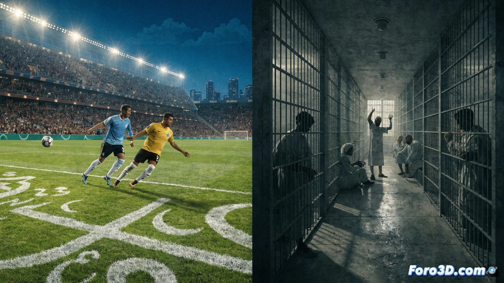 Estadio de fútbol vacío al atardecer, césped dividido en dos mitades contrastantes: una con banderas islámicas intactas siendo protegidas por manos enguantadas de blanco, la otra con esposas rotas y documentos de derechos humanos pisoteados bajo botas de seguridad. Cámaras de televisión enfocan solo el lado protegido, mientras focos de luz cenital iluminan el olvido humano. Estilo cinematográfico, realismo fotográfico, sombras alargadas, texturas de césped sintético y metal, atmósfera de tensión silenciosa, ángulo contrapicado dramático.