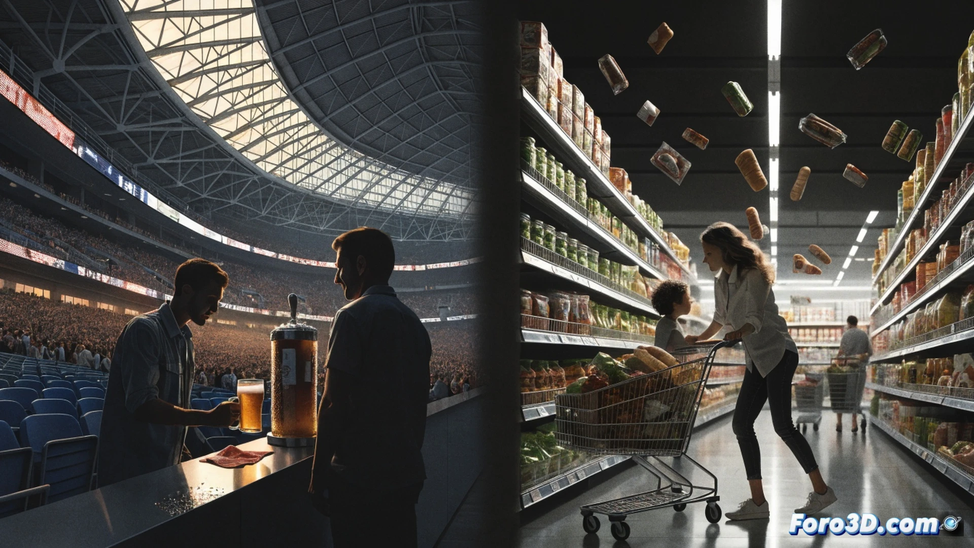 supermarket aisle with two shoppers comparing prices, one holding a single overpriced beer can while the other pushes a cart overflowing with bread and milk, a digital price tag displaying a rising red inflation graph on a shelf edge, canned goods with shrinking package sizes but same cost, cold blue fluorescent lighting, photorealistic technical illustration, fisheye lens emphasizing depth, sweat on the beer can, worn floor tiles reflecting the harsh light