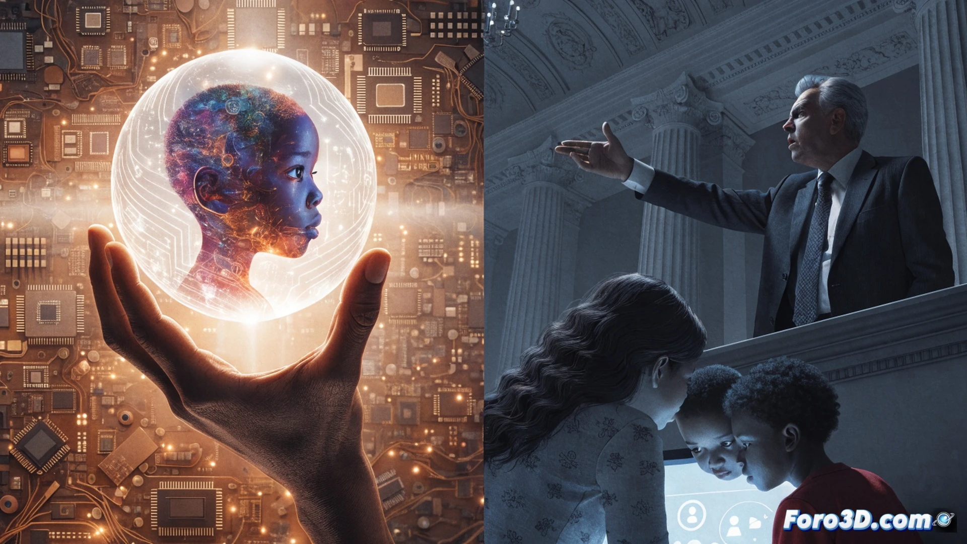 Cinematic photorealistic scene: a glowing smartphone screen showing addictive child-oriented apps with bright colors and endless scroll bars, while a transparent digital puppet master hand pulls strings from above, connected to corporate logos and government seals in shadows. A child sits alone at a desk, eyes fixed on the screen, while beside them a cracked piggy bank spills coins. Behind the child, a wall of parental control icons and warning signs appear faded and broken. Dark dramatic lighting, high contrast, metallic reflections on screen edges, motion blur on scrolling content, ultra-detailed facial expression of exhaustion, technical illustration style with precise shadows and depth-of-field focus on the puppet strings.