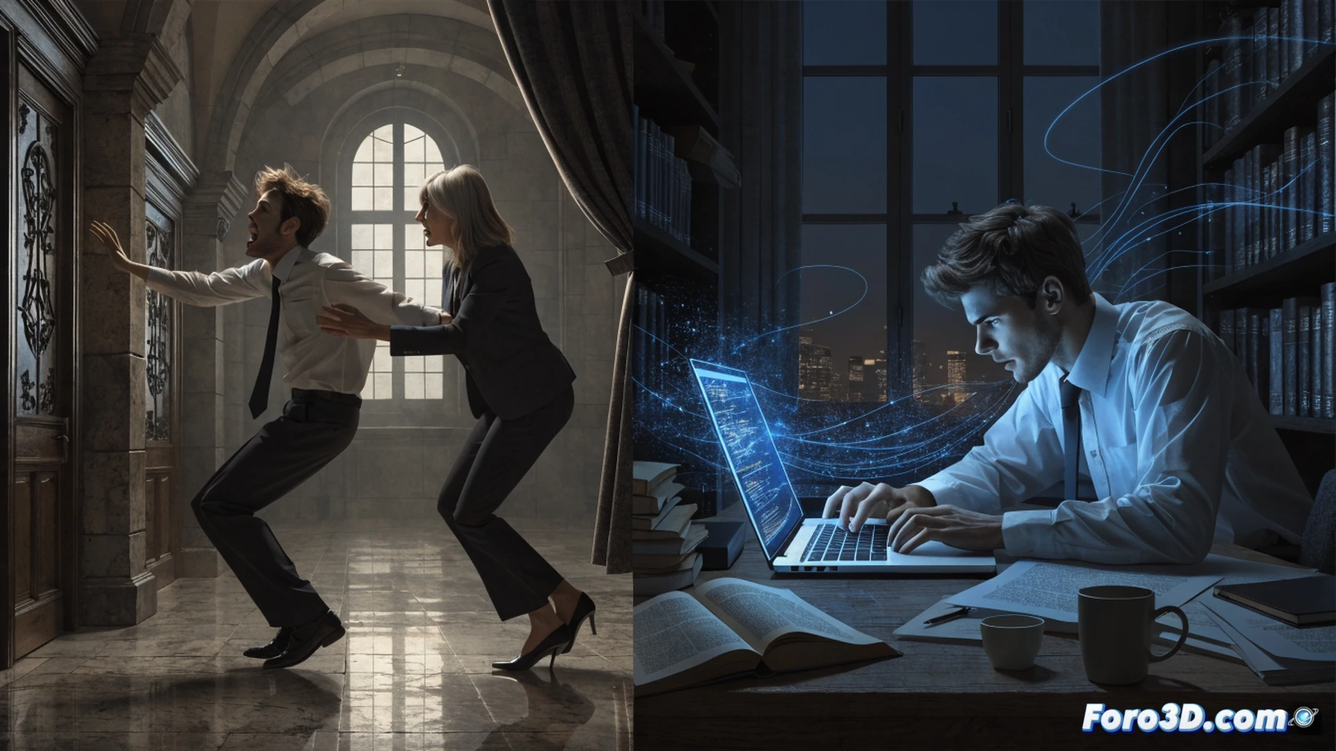 Photorealistic scene of a classroom divided in two halves. Left side: a student expelled, holding a smartphone with ChatGPT interface in grayscale, a broken tablet on the floor, a teacher pointing a red prohibition sign at a laptop. Right side: a corporate office, a young professional demonstrating AI software on a large monitor, glowing digital tools, holographic data streams, keyboard and mouse in use. Dramatic contrast lighting, cold blue tones on left, warm amber on right. Cinematic technical illustration, ultra-detailed textures, sharp focus on the contradiction between prohibition and requirement.