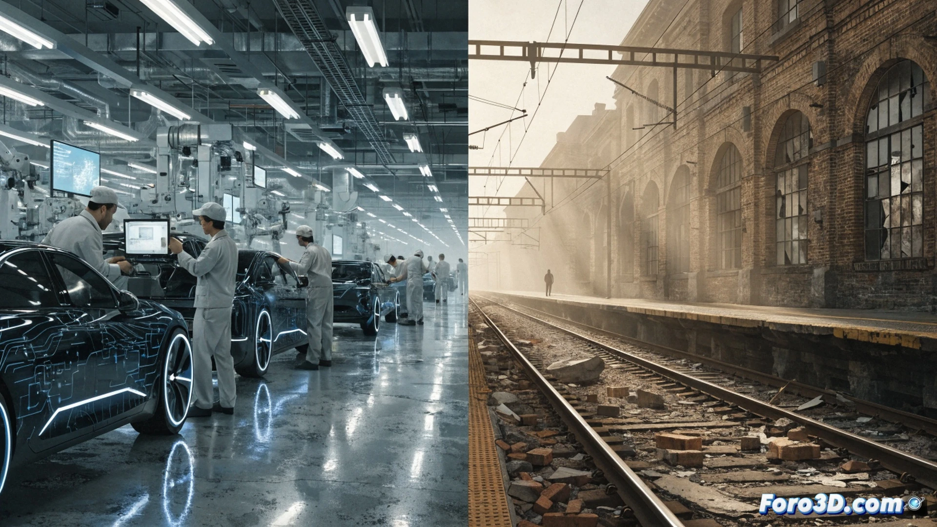 empty bus station with overgrown tracks and a single rusted train signal, foreground shows a shiny electric car being polished by a suited figure holding a stack of money, background has a broken-down train engine with cobwebs, cinematic photorealistic style, dramatic contrast between neglected public transport and polished private vehicle, industrial grey sky, wet asphalt reflecting dim streetlights, technical illustration showing infrastructure decay, ultra-detailed metal textures, realistic lighting from car headlights highlighting dust particles in air