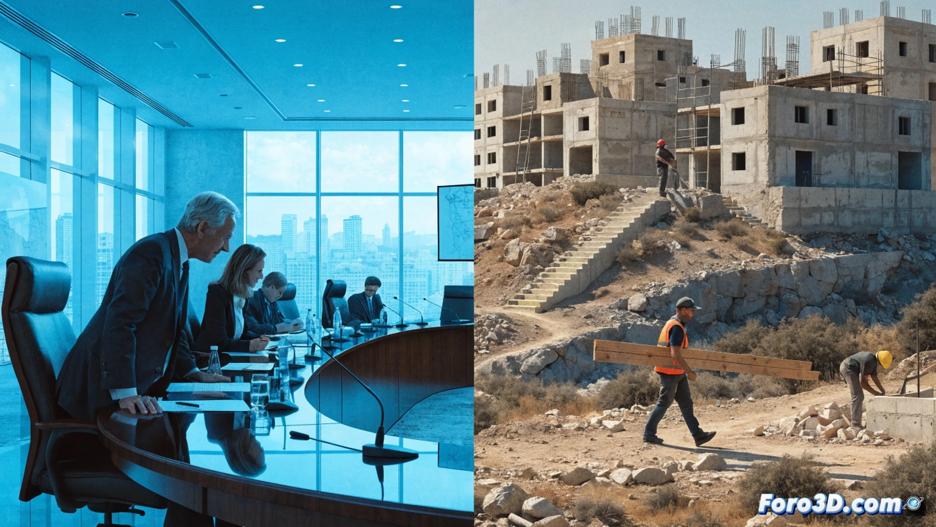 aerial view of illegal settlement construction in occupied West Bank, bulldozers moving earth near red-roofed houses, European Union flag partially visible on a customs checkpoint booth while cargo trucks pass through, smuggling route marked with dashed red line on a digital tablet held by a border inspector, technical engineering visualization, photorealistic satellite imagery style, harsh midday sun casting sharp shadows, dust clouds from heavy machinery, detailed terrain with olive groves and separation wall, dramatic geopolitical tension, ultra-detailed architectural structures, cinematic wide-angle shot