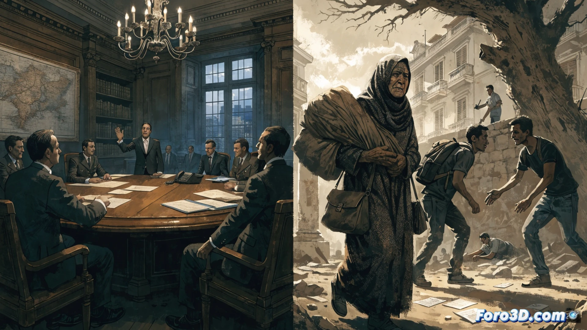 French colonial-era military map of Algeria being torn apart by a pair of hands, revealing underneath a broken chain and a faded document with official stamps, while a marble statue of Marianne turns her back and holds a palm branch, dust particles floating in harsh sunlight, cinematic photorealistic visualization, dramatic chiaroscuro lighting, cracked stone floor, metallic ink bleeding from the map, symbolic tension between oppressive paperwork and liberation, ultra-detailed textures of aged paper and polished stone, wide-angle lens perspective emphasizing spatial distance between figures