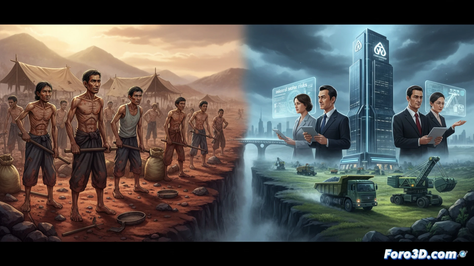 Photorealistic scene of a Laotian man in worn clothes digging with a rusty pickaxe in a muddy riverside pit, while a distant modern mining excavator operates on a terraced hill, toxic orange water seeping between both zones, broken shovel and cracked plastic bucket beside him, sweat and mud on skin, dramatic overcast sky, cinematic documentary style, harsh environmental contrast, ultra-detailed textures, industrial wasteland atmosphere, motion blur on dripping water, photorealistic technical render
