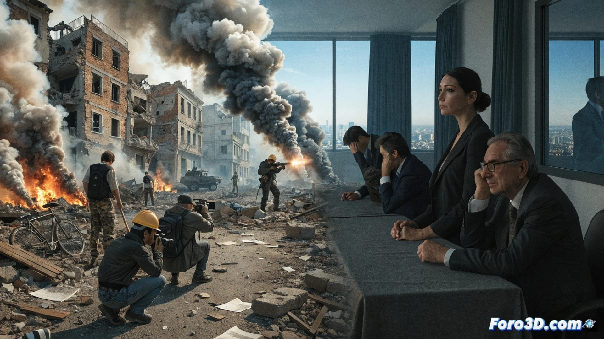 aerial view of a collapsed residential building in Beirut, smoke rising from rubble, local forensic investigators in white hazmat suits and blue gloves using handheld UV lights and digital cameras to document blast patterns on twisted steel beams and shattered concrete, a broken laptop with a cracked screen showing a paused UN investigation report lies on debris, while in the background a distant UN helicopter hovers without landing, cinematic photorealistic style, overcast gray sky, dramatic shadows, dust particles suspended in air, ultra-detailed destruction textures, cold desaturated color palette, wide-angle lens perspective