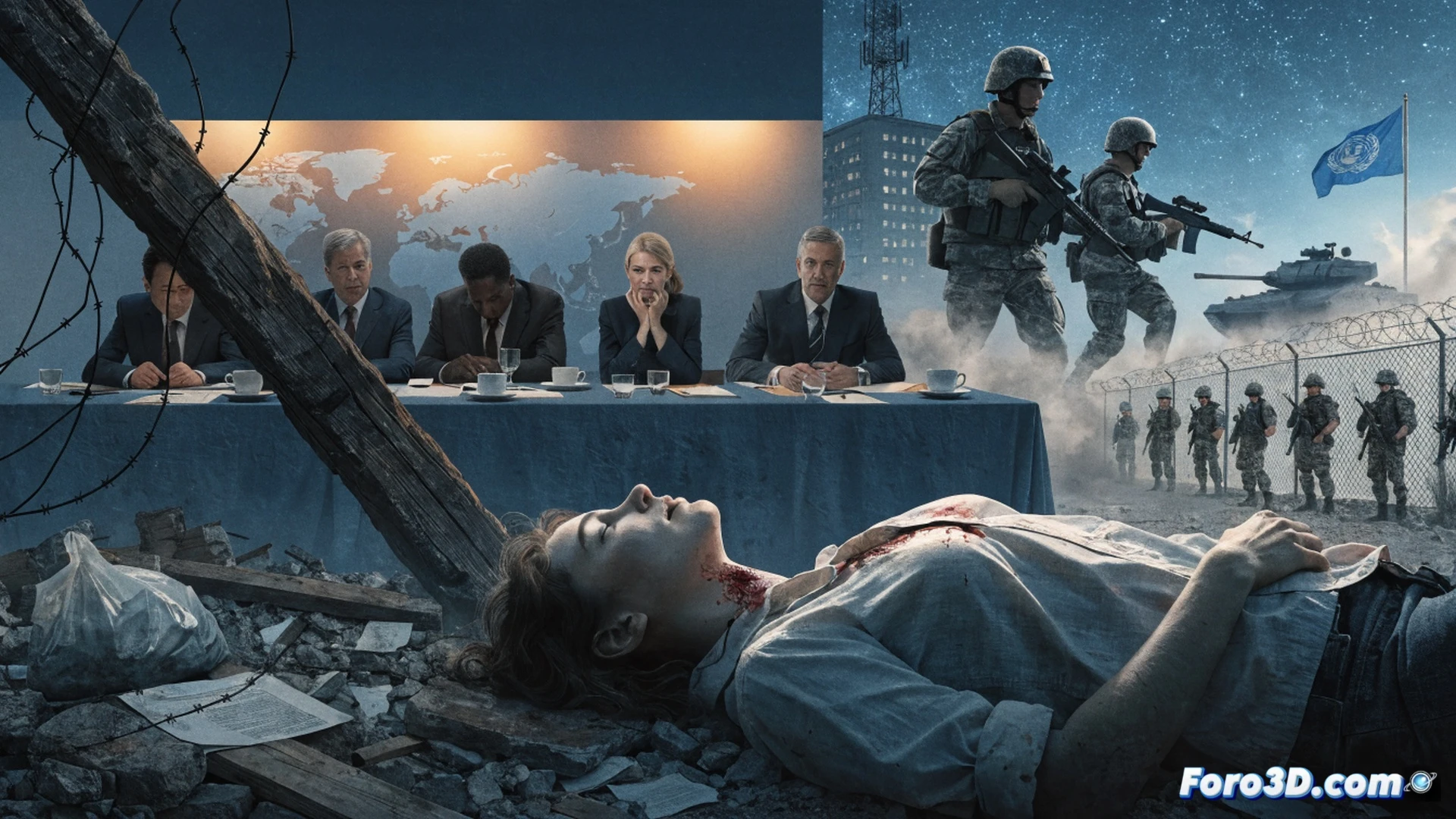 civilian shelter in a bombed-out Ukrainian residential building basement, children clutching torn textbooks and plush toys while a father patches a broken window with duct tape, dust particles floating in dim emergency light, cracked concrete walls, visible water pipes and exposed electrical wiring, a laptop on a crate showing a frozen UN ceasefire livestream, photorealistic cinematic style, gritty war-torn textures, muted gray and brown color palette, harsh shadows from a single battery-powered lamp, hyper-detailed debris and personal belongings scattered on floor, emotional human tension, no text or numbers visible