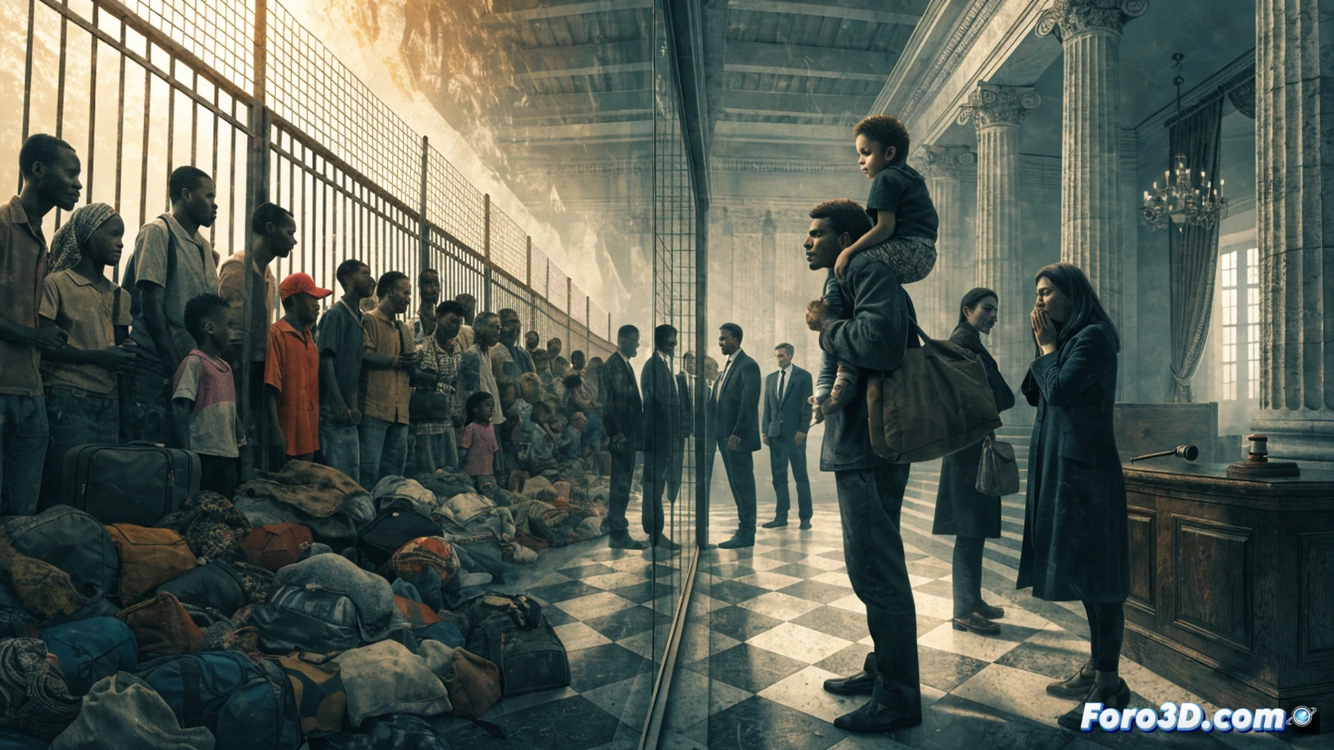 Photorealistic scene of a judge's gavel striking a desk, cracking a legal document labeled with migration clauses, while a family of silhouetted figures is pushed toward a dark airplane boarding ramp, their shadows stretching across a cracked globe showing Haiti and Syria, a security camera lens stares down from above, broken handcuffs lie on the floor, cinematic lighting with cold blue and harsh orange contrast, ultra-detailed textures on wood, paper, metal, and fabric, dramatic shadow play emphasizing contradiction between justice symbols and forced deportation, technical visualization with precise depth of field