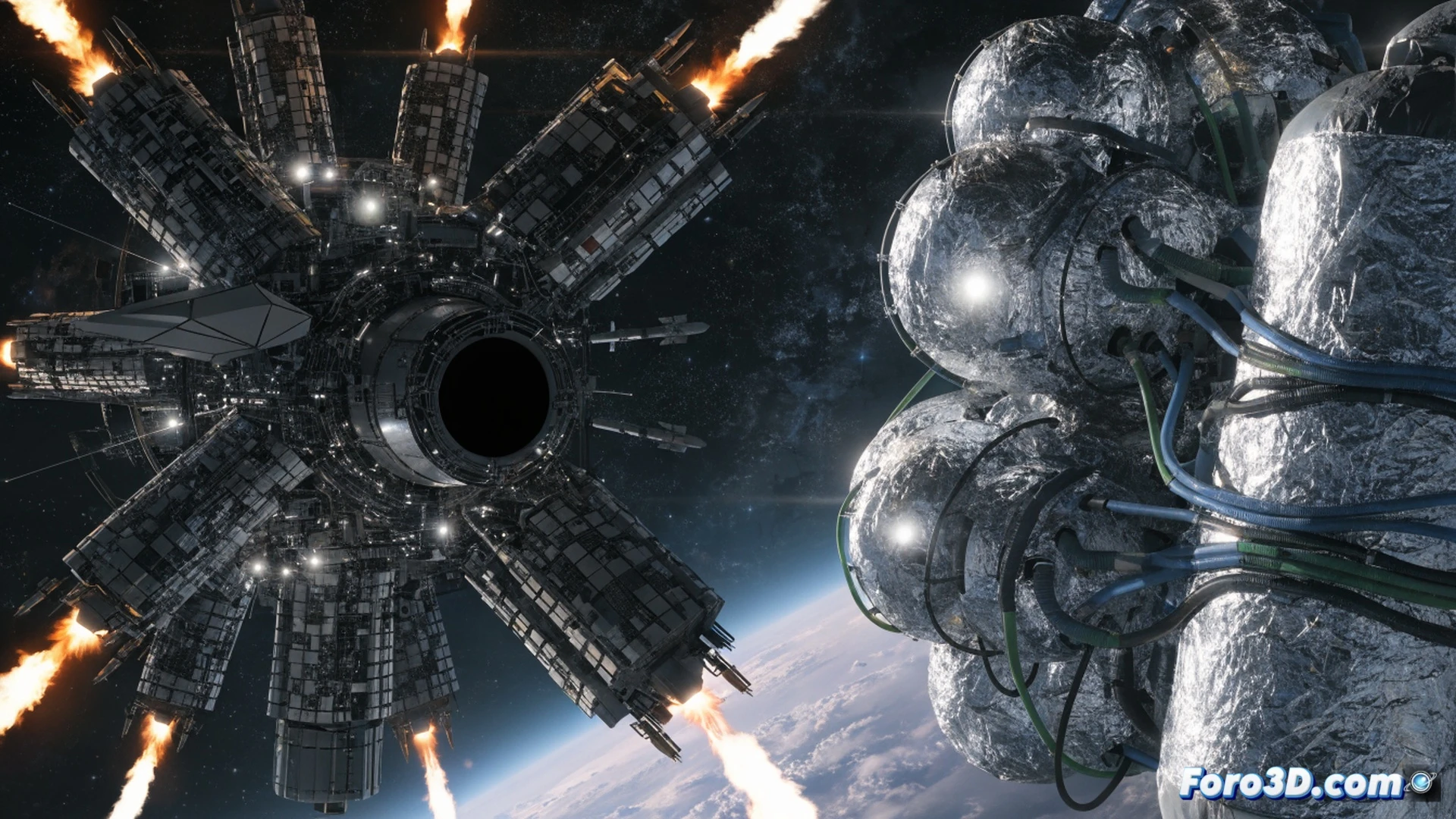satellite repair arm reaching toward a damaged military orbiter in low Earth orbit, Earth curved below with faint city lights and thin atmosphere glow, another satellite with visible weapon systems drifting in background, a broken medical supply capsule tumbling away into darkness, tools and debris floating around the spacecraft, contrasting polished military hardware against cracked humanitarian payload, cinematic engineering visualization, cold space lighting with sharp blue highlights, photorealistic technical render, dramatic contrast between sterile metal and urgent human need, ultra-detailed mechanical joints and solar panels, glowing orbital paths faintly traced in the void