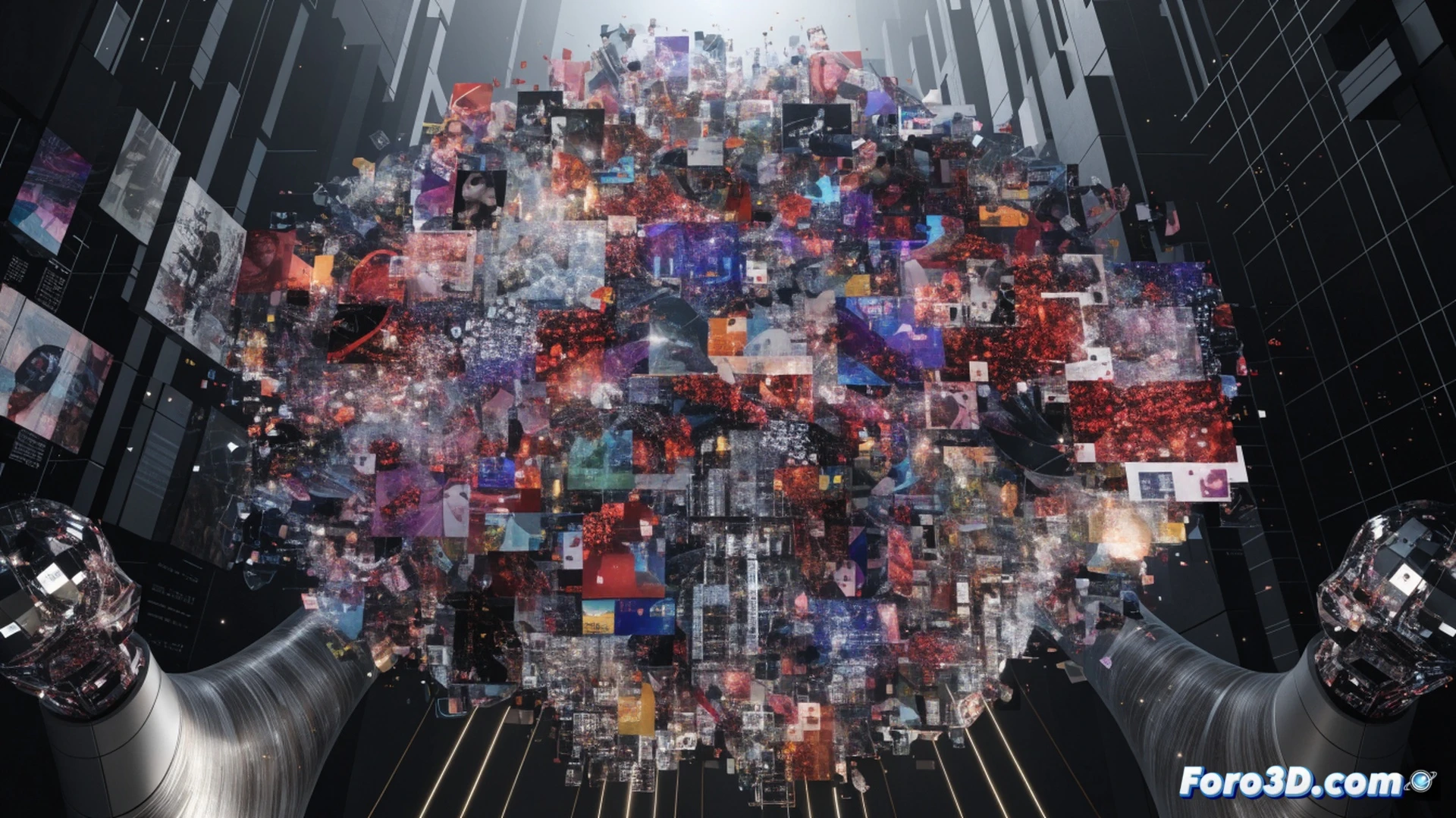 photorealistic scene of a massive corporate server room, robotic arms pulling glowing artworks from a digital canvas, artists handcuffed to drawing tablets watching helplessly, data cables wrapping around paintbrushes and sculptures, screens showing copyright symbols being erased, cold blue LED lighting, metallic server racks stretching into darkness, dramatic shadows, hyper-detailed circuit board textures, cinematic wide-angle composition, technical illustration style, high contrast industrial atmosphere, machine components crushing palette knives and styluses