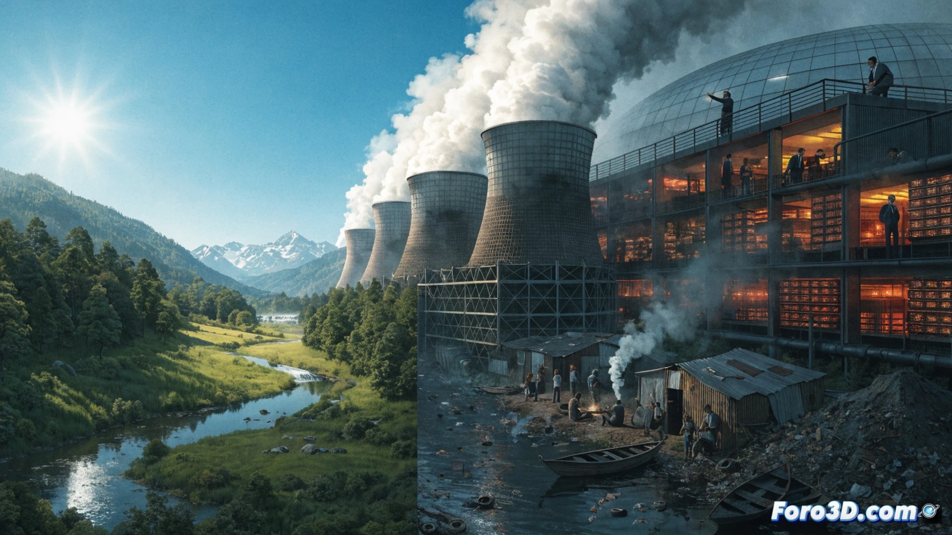 photorealistic aerial view of a massive data center complex surrounded by dry cracked earth, cooling towers releasing steam while local residents gather with protest signs near a polluted river, high-voltage power lines stretching across a rural village, server racks glowing through glass walls, water pipes diverting from a small town, dramatic contrast between green corporate facade and environmental damage, cinematic wide-angle shot, overcast sky with smog, hyper-detailed industrial infrastructure, realistic texture of concrete and metal, urgent documentary style