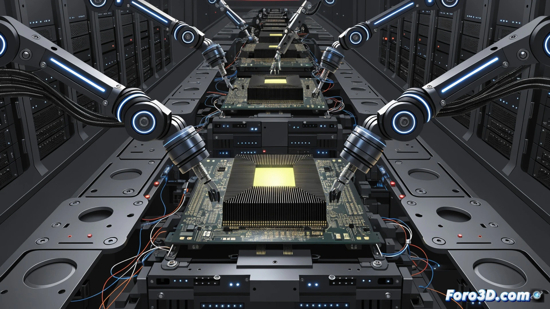 robotic arm with precision gripper inserting a GPU into a motherboard slot, GPU edge connector glowing with faint blue electrical traces, motherboard PCIe slot surrounded by tiny capacitors and resistors, robot wrist servo motors actively rotating during insertion, background shows server rack with partially assembled units, holographic interface displaying real-time error-correction data and neural network activity graphs, cinematic industrial lighting with cool blue and warm orange contrasts, photorealistic engineering visualization, macro lens focus on the GPU-motherboard interface, metallic dust particles floating in air, hyper-detailed mechanical joints and circuit board textures