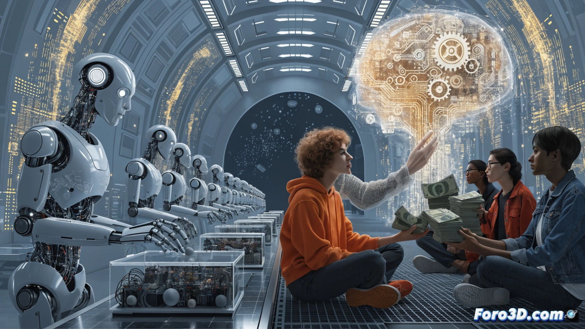 human hand reaching toward glowing holographic interface showing factory assembly line with robotic arms replacing workers, holographic coin symbol floating above an empty desk, circuit board patterns transforming into falling dominoes, photorealistic cinematic render, blue and orange neon lighting, smoke particles drifting through scene, metallic surfaces with reflections, ultra-detailed textures, dramatic shadows, technical illustration style showing man vs machine transition