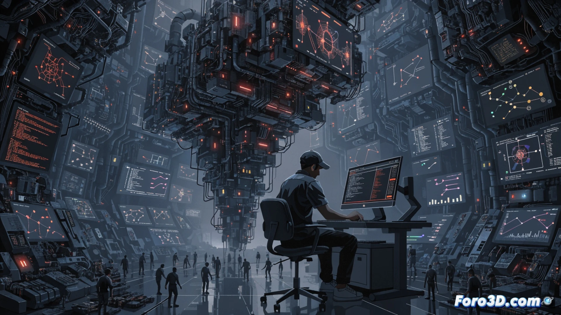 human figure hunched over a desk, staring at a glowing screen showing a translation interface with AI-generated text blocks, person manually dragging and correcting highlighted errors with a mouse, clock on the wall showing late hours, a transparent hourglass with coins draining out, laptop with visible code editor and AI assistant panel, messy desk with coffee stains and crumpled paper, cold blue monitor light on tired face, cinematic photorealistic render, dramatic top-down office lighting, deep shadows, sense of repetitive mechanical motion, ultra-detailed workspace clutter
