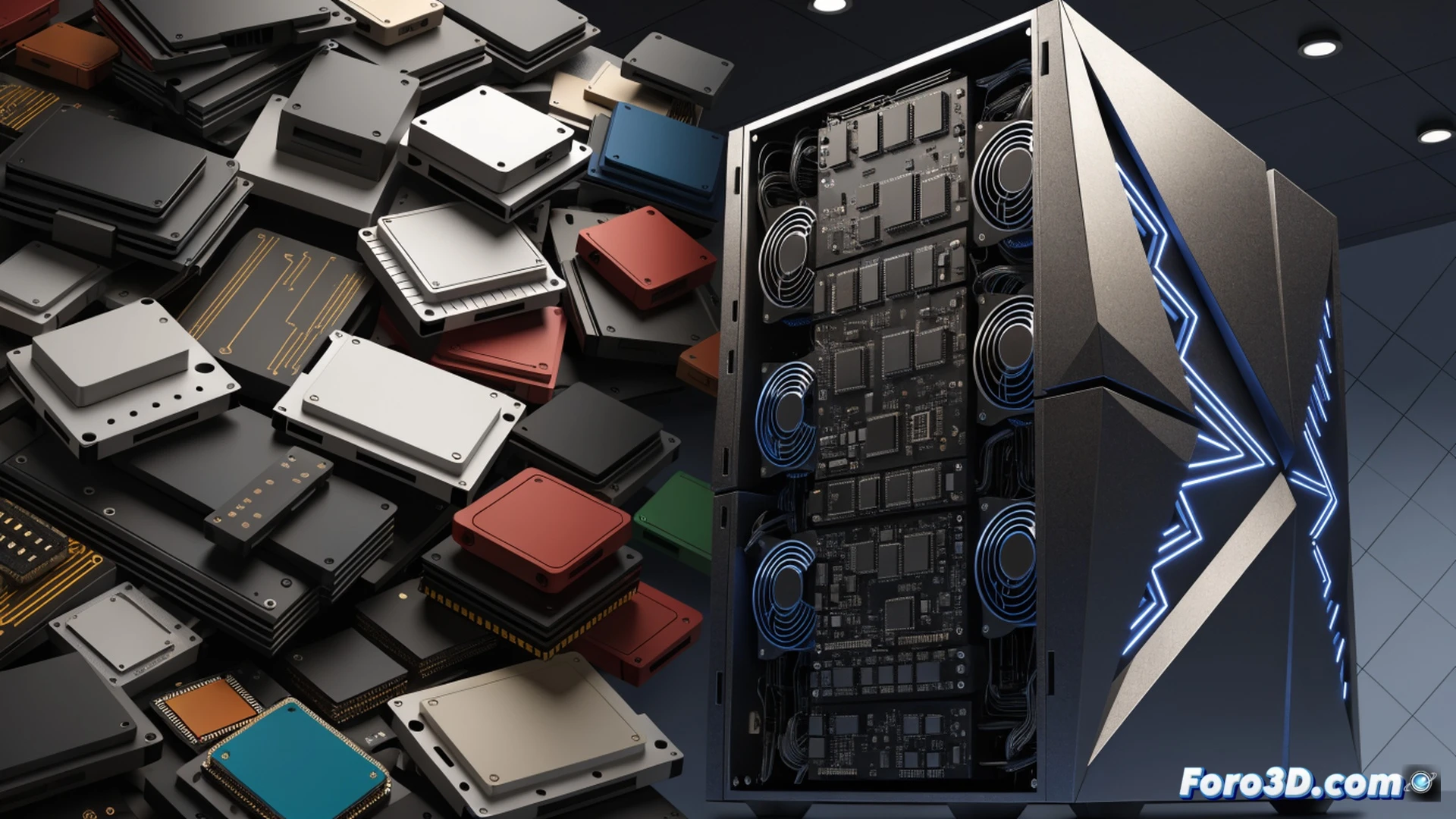 Photorealistic scene of a chaotic warehouse, a massive glowing AI server rack devouring a pile of NAND flash chips from a conveyor belt, while a single dusty retail SSD sits abandoned on a store shelf in the corner, a robotic arm labelled wholesale grabbing all remaining drives, dramatic industrial lighting, cold blue and orange contrast, ultra-detailed circuit traces visible, cinematic technical illustration style, action of market collapse shown through empty shelves and glowing server heat vents