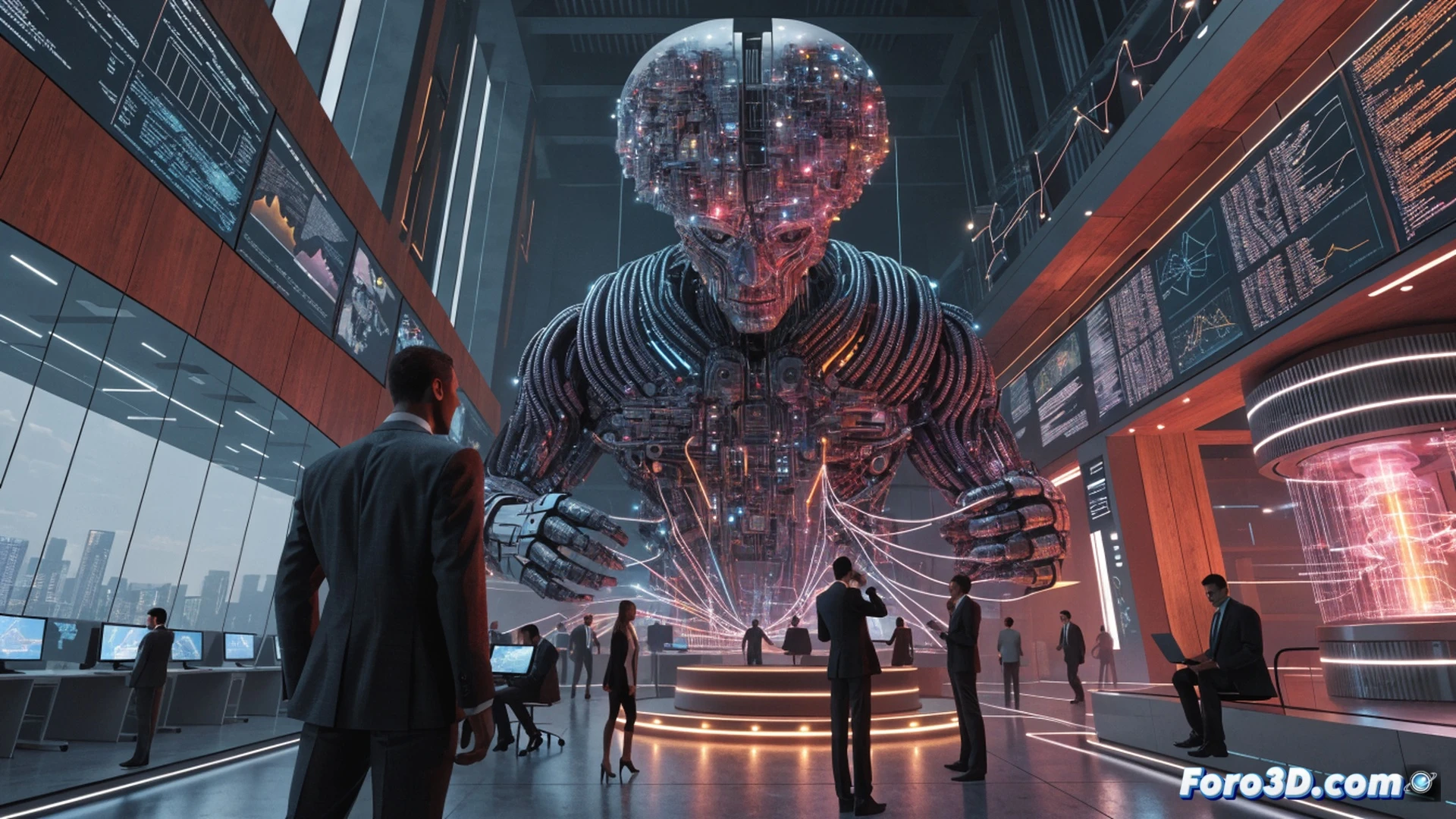 Professional workspace scene showing a holographic AI interface floating above a modern desk, human hand gesturing toward glowing neural network nodes while a vintage fax machine sits dusty and disconnected in background corner, split generational contrast between old and new technology, action of data streams flowing from cloud icons into productivity charts, cinematic photorealistic style, warm office lighting with cool blue digital accents, ultra-detailed fiber optic cables and circuit board patterns visible on desk surface, 8k technical visualization