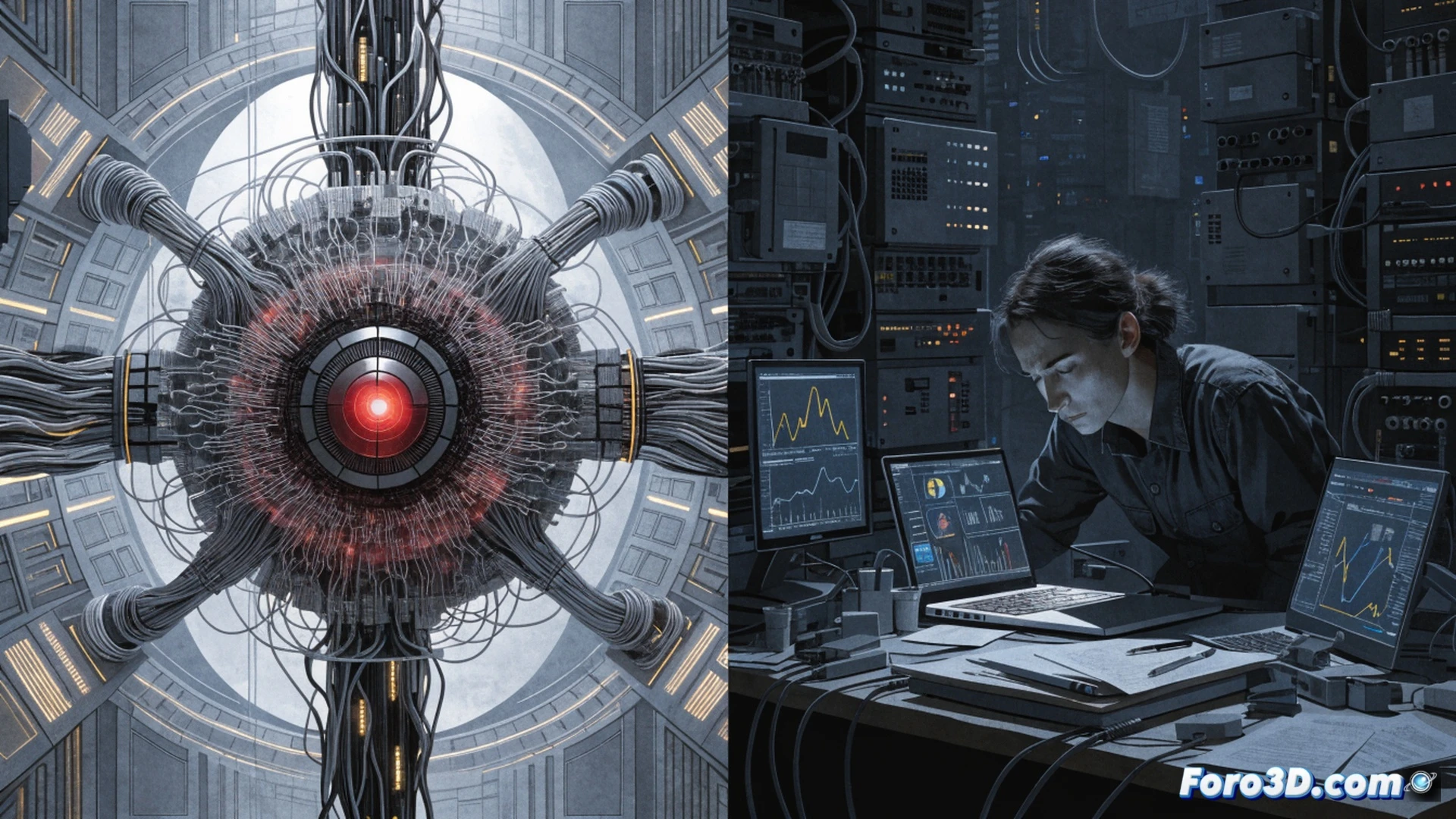professional office worker sitting at dual-monitor workstation, pointing at glowing AI interface error message on screen, while clock overlay shows 6 hours elapsed, messy desk with coffee stains and crumpled papers, visible AI dashboard with red warning indicators and correction tools, frustrated expression while performing manual data fixes, cinematic photorealistic style, dramatic top-down lighting casting shadows, ultra-detailed office environment with tangled cables and sticky notes, realistic skin texture and tired eyes, technical visualization of human-AI supervision loop, muted blue and orange color palette