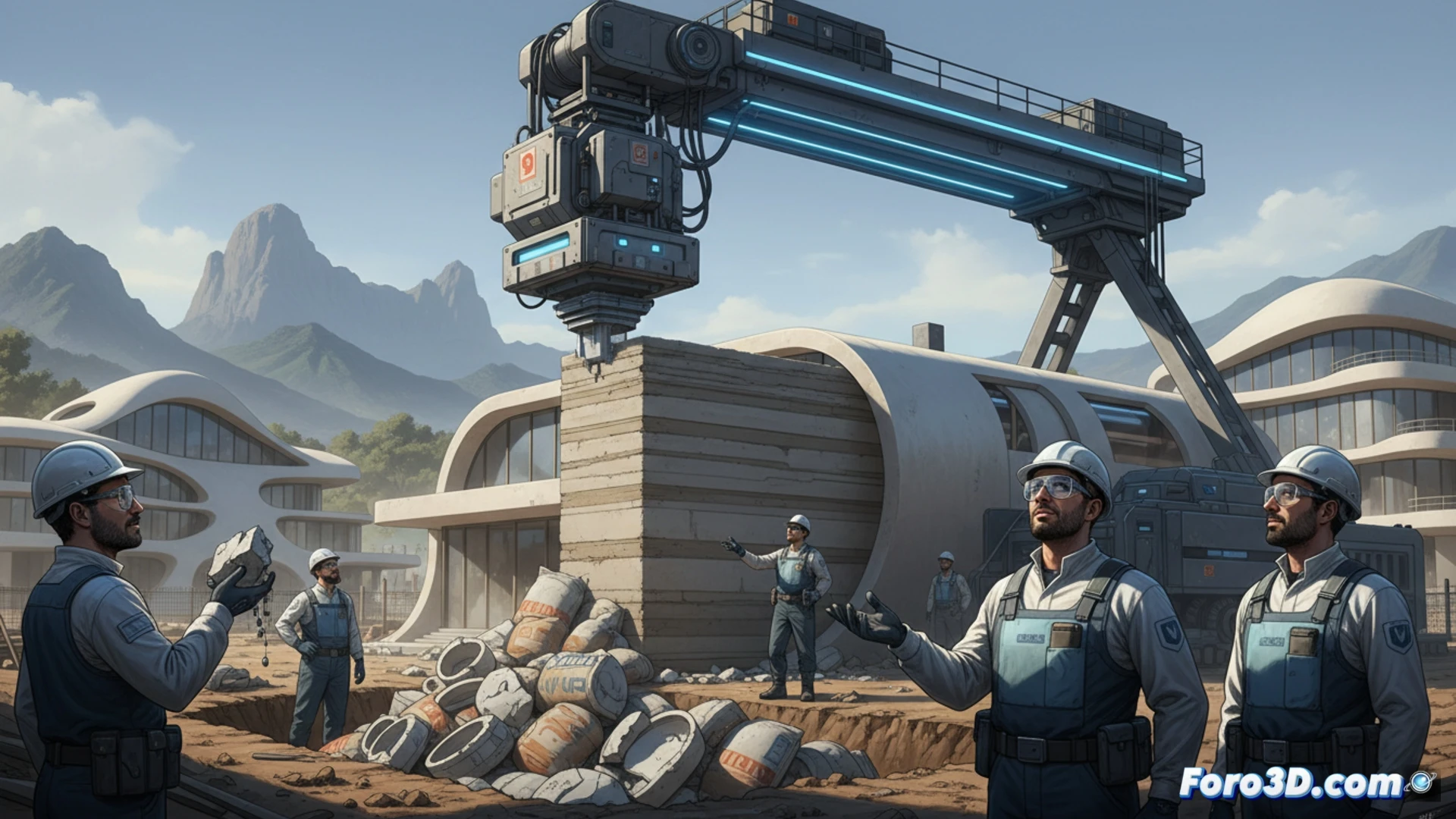 industrial construction scene in Catalonia, a large robotic 3D printer arm extruding concrete layer by layer onto a wall, drywall dust particles absent, workers in safety vests observing the process without skin irritation, a traditional plaster bucket and trowel abandoned in the corner, fast wall formation in hours, clean environment with minimal waste, cinematic engineering visualization, bright natural lighting, photorealistic technical render, sharp focus on print head nozzle and fresh concrete layers, modern building site atmosphere