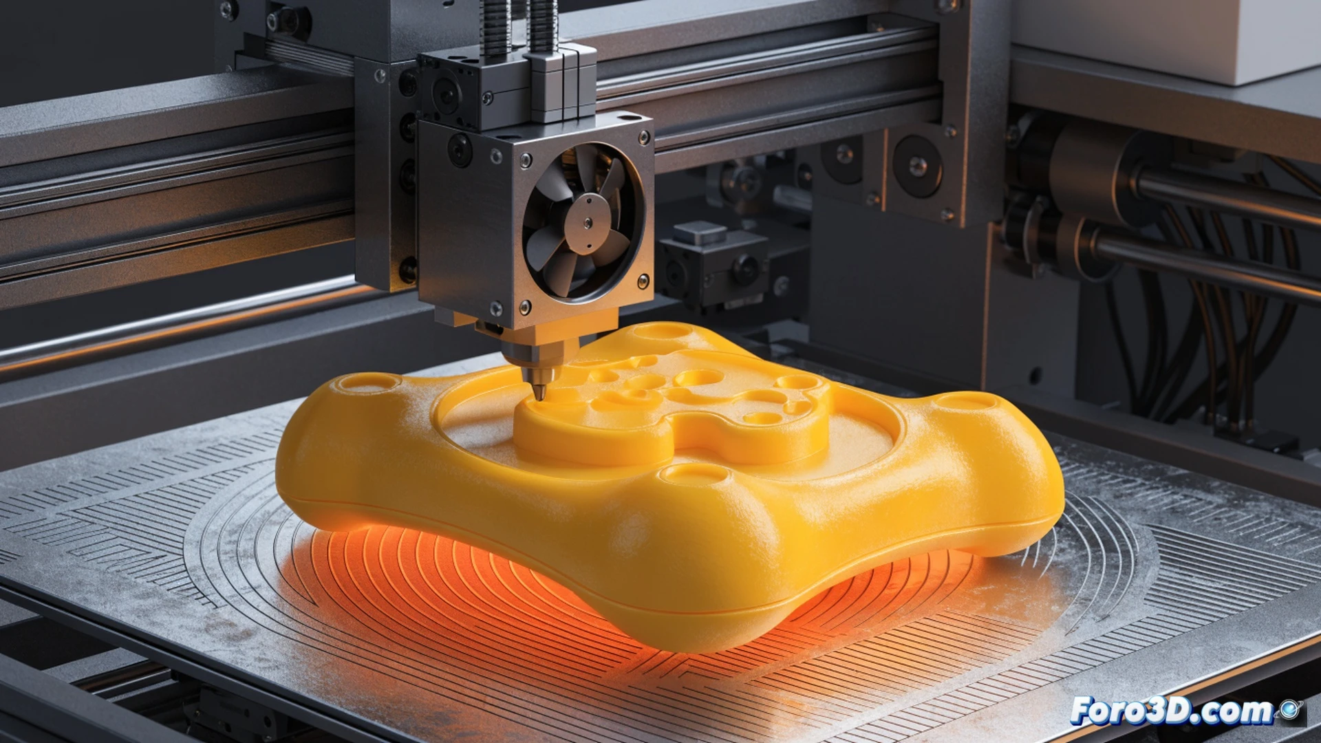 Close-up shot of a desktop 3D printer nozzle extruding molten orange plastic onto a partially formed gear, a laptop screen beside it displaying a simple 3D model interface with a wireframe gear, a hand pressing the print button, while a child watches nearby holding a finished toy, warm filament spool feeding into the extruder, engineering visualization style, photorealistic render, sharp focus on the melting plastic and layer adhesion, soft ambient indoor lighting, subtle heat haze above the nozzle, textured build plate surface.