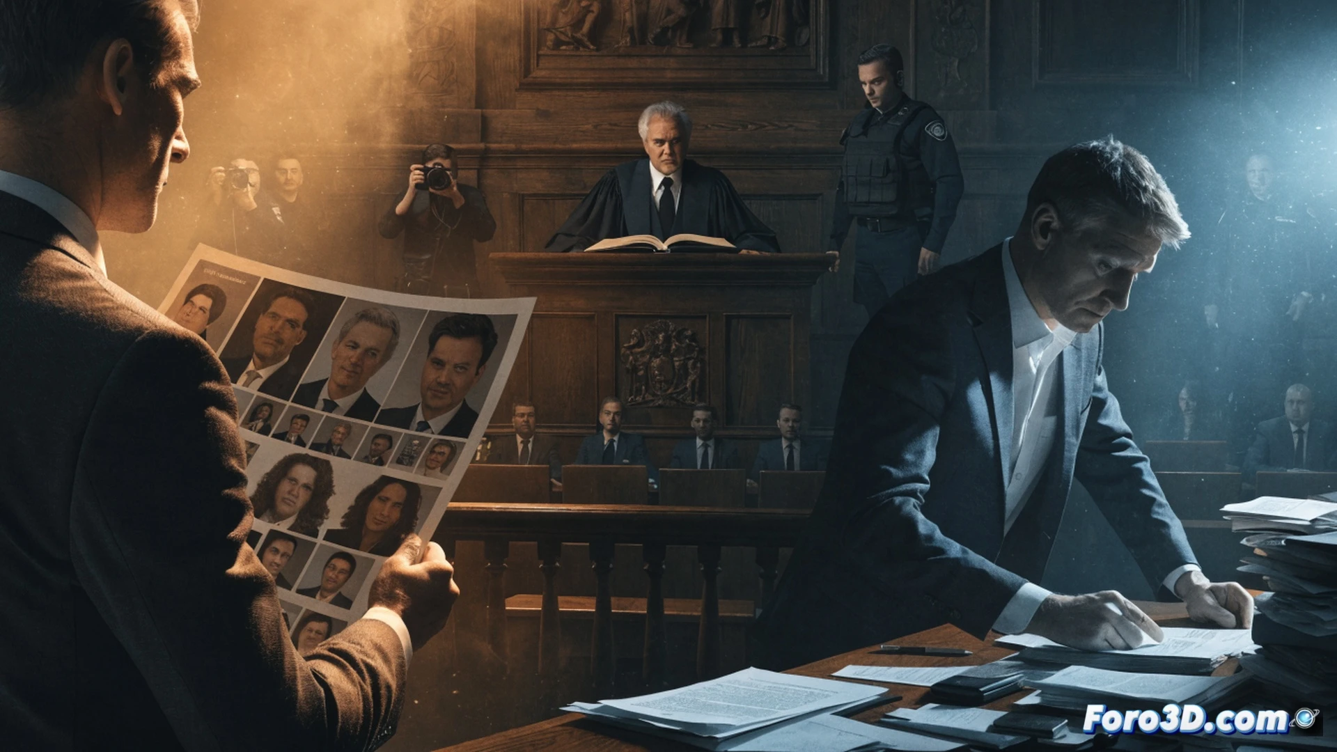 digital courtroom scene with a gavel striking a wooden block, motion blur on impact, a smartphone displaying a wanted poster with blurred faces beside a laptop showing copyright law paragraphs, a police badge and handcuffs on the table, dramatic overhead spotlight casting long shadows, photorealistic technical illustration, metallic reflections on the gavel, legal documents scattered, cinematic chiaroscuro lighting, ultra-detailed textures of wood and fabric, forensic evidence markers on the desk