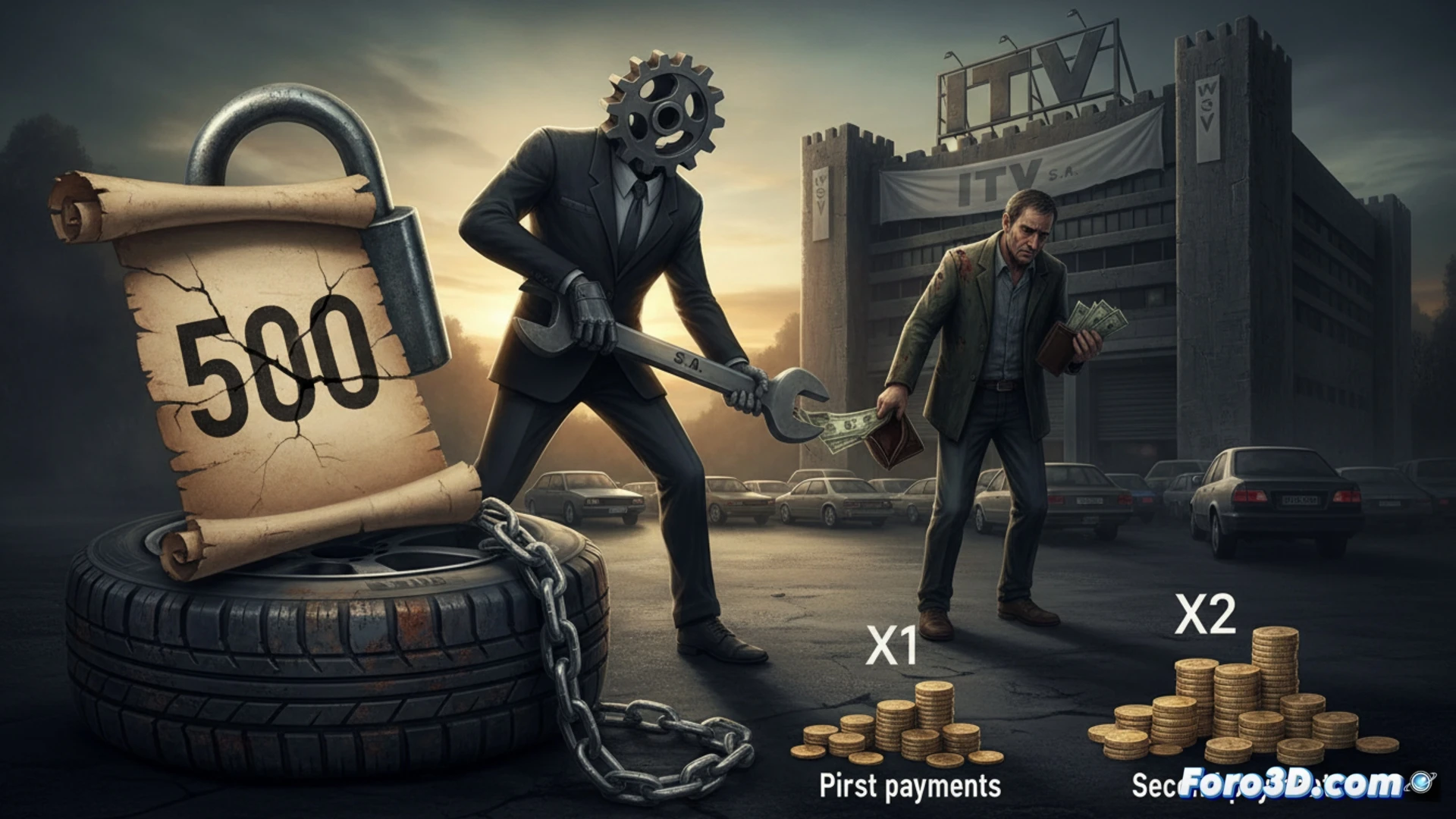 car mechanic workshop scene, middle-aged driver holding expired ITV inspection paper with visible date stamp, frustrated expression while looking at official fine notice on windshield, broken diagnostic tablet showing red warning symbols on screen, worn-out brake pads and rusted exhaust pipe on concrete floor, torn wallet with few coins next to car jack, fluorescent ceiling lights reflecting on oily engine block, photorealistic technical illustration, cinematic low-angle shot, dramatic shadows, realistic metal textures, gritty industrial atmosphere, detailed vehicle undercarriage components