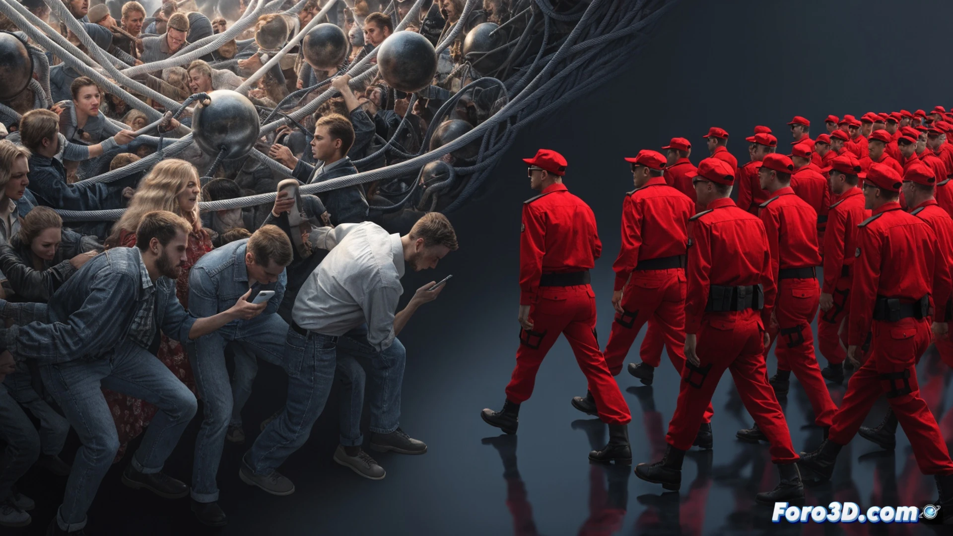 German political stage divided in two halves, left side showing tangled red ropes and confused activists arguing over mismatched protest signs while a giant housing affordability chart glitches behind them, right side showing a smooth dark blue arrow labeled AFD advancing through empty space unimpeded, a broken tax-progressive scale lies discarded in the center foreground, photorealistic cinematic political illustration, dramatic chiaroscuro lighting splitting the scene, ultra-detailed textures on cracked concrete floor and worn protest banners, technical diagram aesthetic with glowing data points for rent prices and unemployment stats faintly visible on a holographic display, slight motion blur on the advancing arrow, realistic crowd tension, high-contrast editorial style