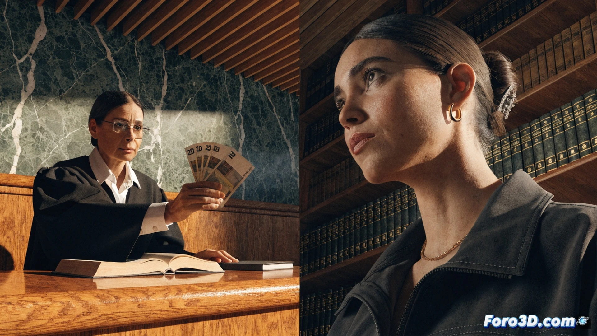 photorealistic courtroom scene, judge handing a 50 euro banknote to actress Maria Leon while a police officer watches, legal documents with fine-print corrections visible on the bench, a magnifying glass over a procedural error mark, polished wooden courtroom interior, soft natural light from tall windows, dramatic focus on the exchange gesture, cinematic composition, ultra-detailed textures on the banknote and judicial robe, technical illustration style with precise lighting