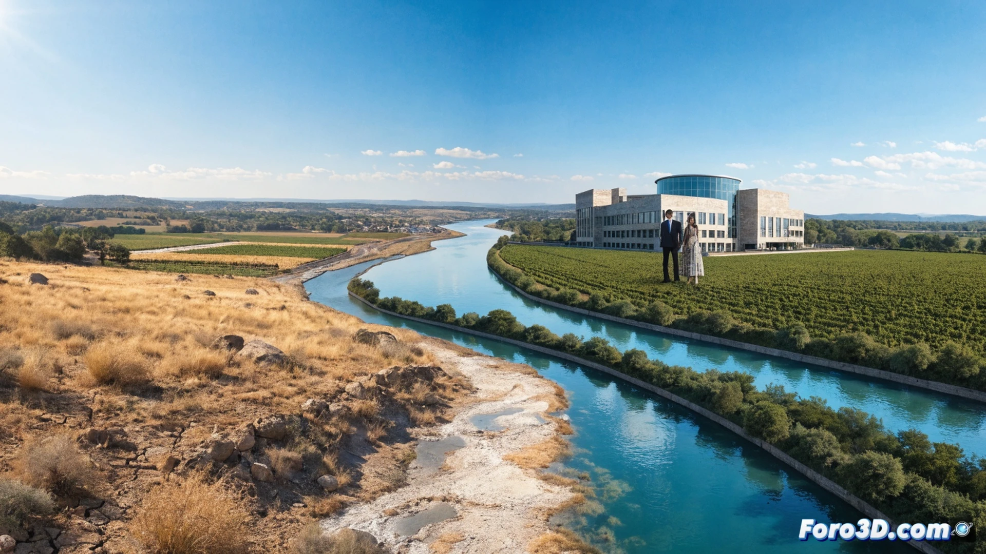agricultural irrigation system in La Mancha, water flowing from a modern pumping station into a concrete canal network, dry cracked soil in the background, a technician in high-visibility vest adjusting a pressure valve on a metal pipe, digital water flow meter displaying real-time data, lush green crops in the foreground contrasting with arid land, technical engineering visualization, bright sunlight casting sharp shadows, detailed hydraulic components, photorealistic industrial render, cinematic wide-angle shot demonstrating water resource management