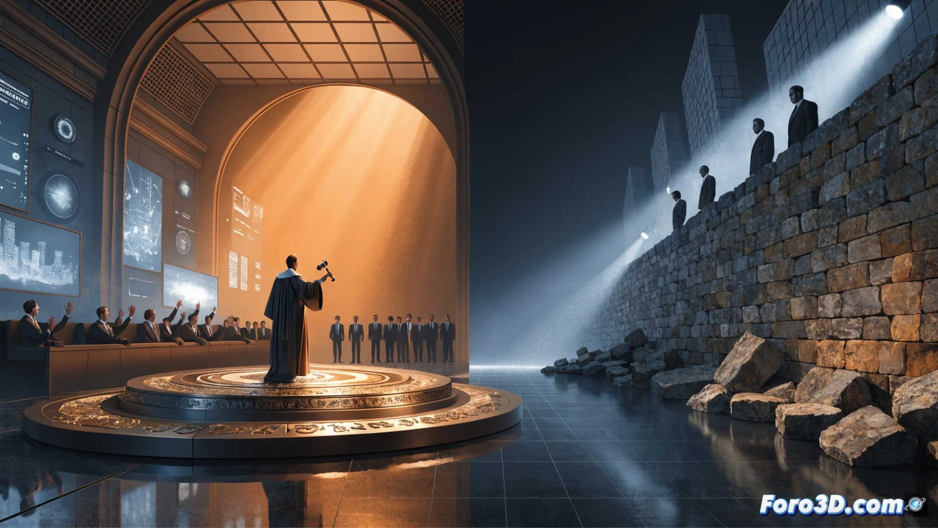 A judge wearing a black robe pressing a fast-forward button on a large mechanical calendar, while a politician in a suit pulls a handbrake on a government wheel, gears and clockwork visible inside both objects, disparity between speeding and braking mechanisms creating friction sparks, cinematic engineering visualization, metallic industrial courtroom background, dramatic shadows, photorealistic technical illustration, glowing red and blue accents on the machinery, slow-motion action showing the process of political wear and tear