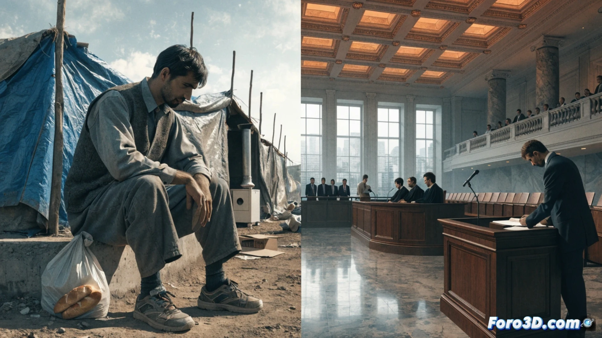 A scale of justice balancing a European Union flag on one side and a German welfare document on the other, a judge’s gavel striking a paper cutout of a deportation order, fragments of the order breaking apart, a faint silhouette of a family in a bare room with a single bed and a water glass, cinematic courtroom lighting, photorealistic technical illustration, legal document textures, dramatic shadows, precise geometric composition, metallic scales reflecting soft blue EU light, high-contrast chiaroscuro, ultra-detailed paper fibers and flag folds