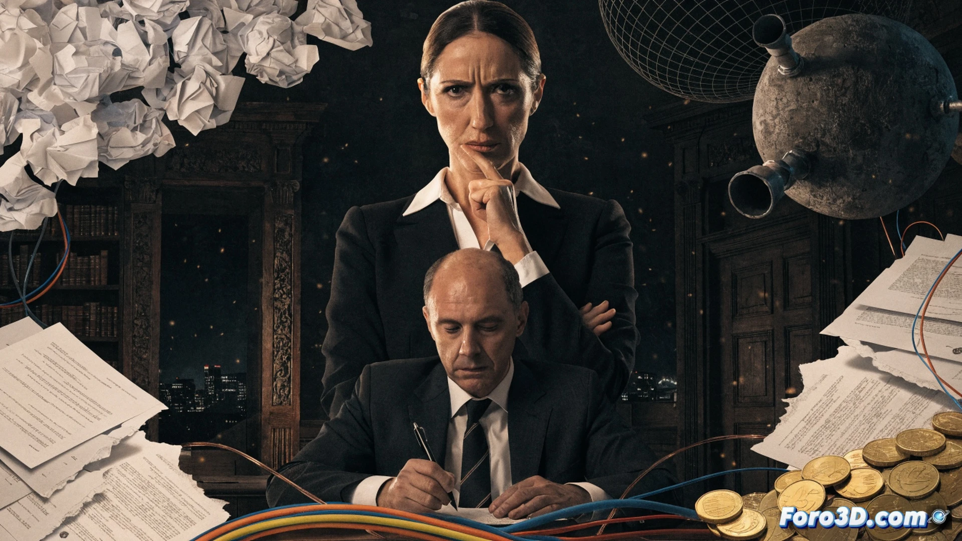 financial audit scene inside a government office, a female executive sitting at a conference table with a thick financial dossier labeled SEPI rescue funds, a judge’s gavel resting on a stack of legal documents, forensic accountant examining a spreadsheet on a laptop showing 112 million euros highlighted in red, three men in suits gesturing nervously while a lawyer points at a contract clause, overhead fluorescent lighting casting harsh shadows on the polished table, cinematic photorealistic style, shallow depth of field focusing on the dossier cover and a magnifying glass over suspicious signatures, technical investigation atmosphere
