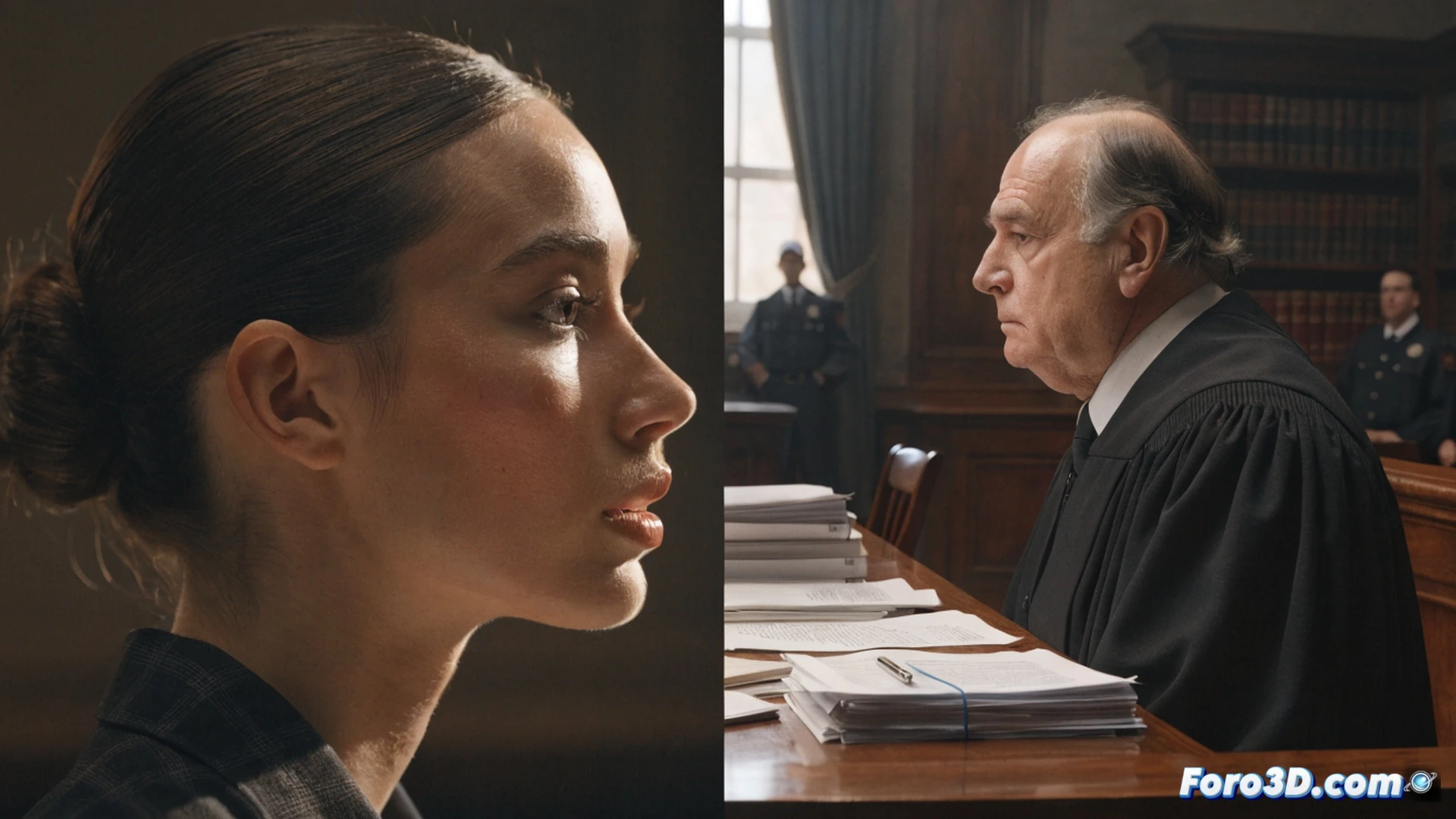 A courtroom scene with a judge striking a gavel three times, a police officer handcuffing an empty chair with a coat draped over it, a digital citation notice displayed on a monitor flashing a red alert, law books and a gavel on the desk, cinematic photorealistic rendering, dramatic chiaroscuro lighting from a window, dust particles in the air, tense atmosphere, ultra-detailed wood textures and metal handcuffs, technical legal illustration style