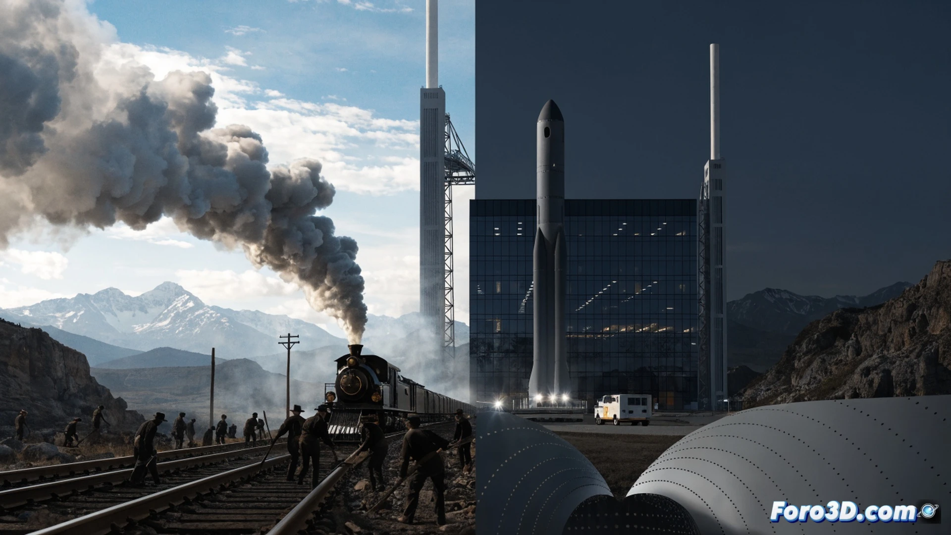 industrial railroad track splitting apart at a wooden tie junction, rusted steel rails bending under stress while golden government contract documents flutter out from a cracked safe embedded in the ballast, a sleek SpaceX rocket silhouette reflected in a puddle of spilled oil near a broken surveyor level, cinematic technical illustration style, photorealistic metal textures, dramatic low-angle lighting casting long shadows, debris particles suspended mid-air, weathered wood grain on ties, oxidized rivets on rail joints, hyperdetailed mechanical decay, engineering visualization with forensic evidence mood