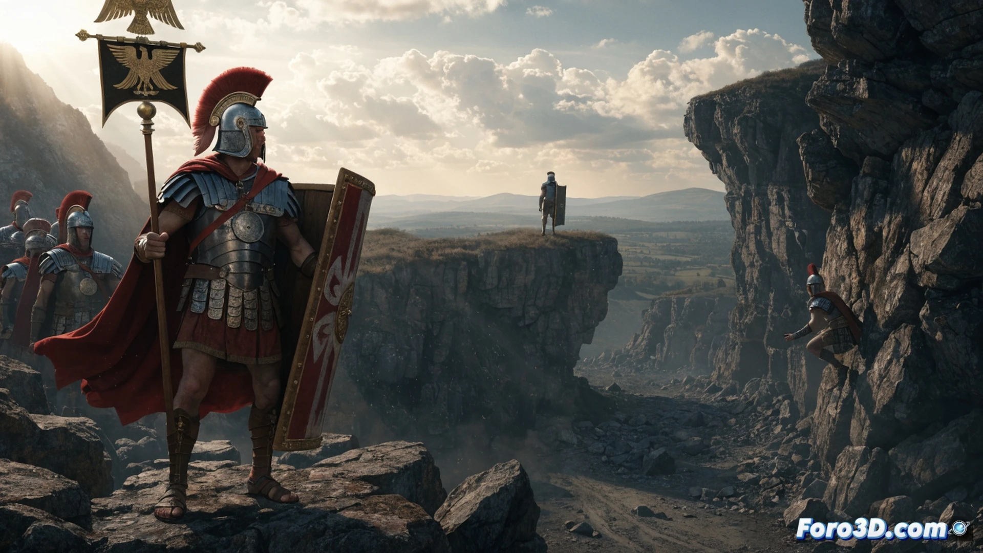 Roman legionaries in misty Britannia forest at dawn, IX Hispana standard-bearer clutching a faded aquila while soldiers scan foggy terrain, one legionary pointing at empty ground where a cohort vanished, broken gladius half-buried in mud, rusted chainmail links scattered among roots, cinematic historical visualization, moody blue-grey lighting, deep shadows from ancient oaks, photorealistic technical illustration, dense fog rolling between tree trunks, ultra-detailed Roman armor textures, dramatic low-angle shot emphasizing isolation and mystery