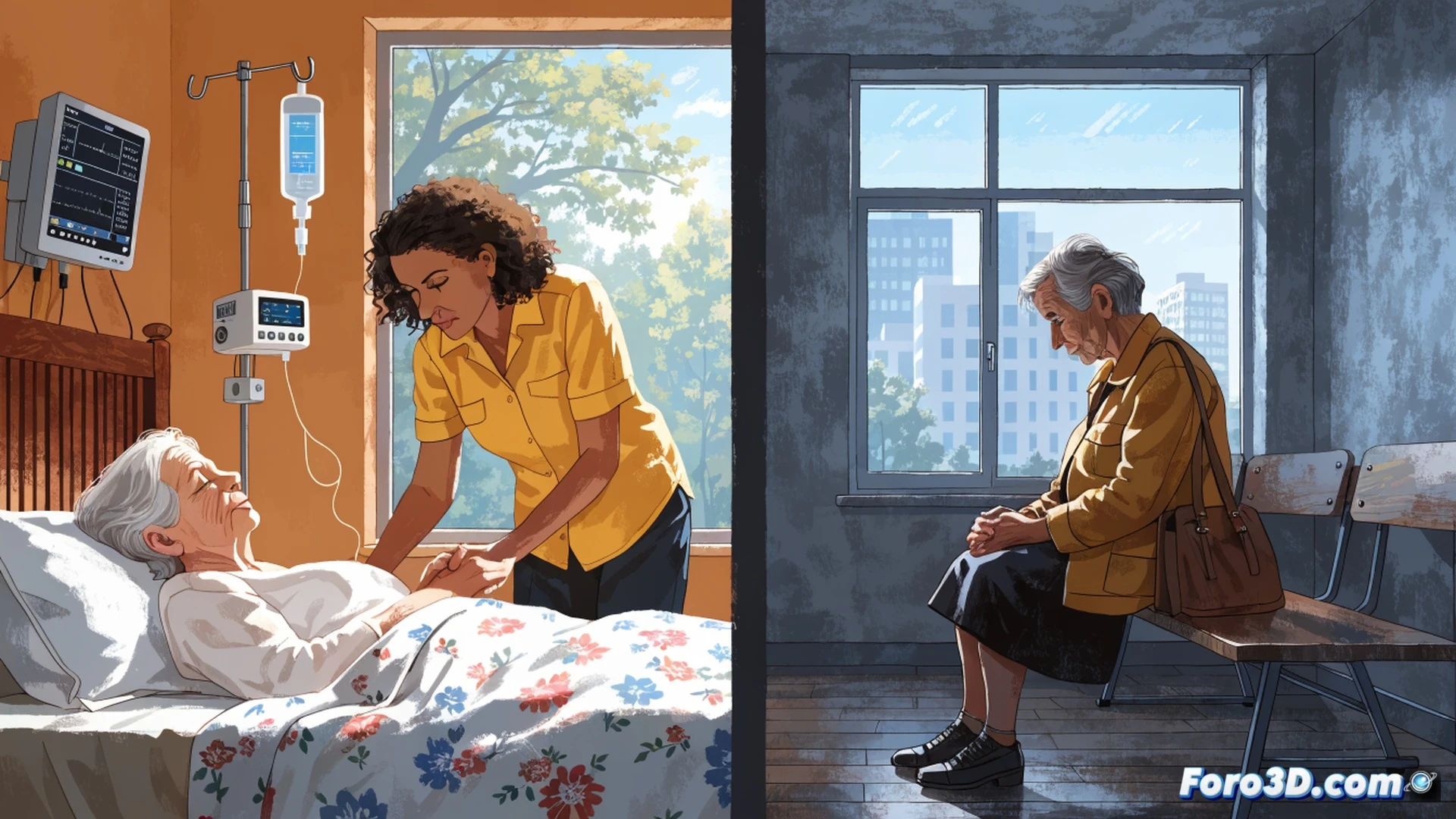 hospital room scene at night, a single patient in a motorized wheelchair with breathing tubes and monitoring cables, family member adjusting a portable ventilator device, medical bed with pressure sensors and emergency call panel, empty wheelchair beside the bed showing lack of assistance, stark contrast between advanced medical equipment and absence of caregivers, cinematic documentary style, cold blue and grey lighting, dust particles in light beam from window, photorealistic technical illustration, emotional tension through empty spaces and waiting posture