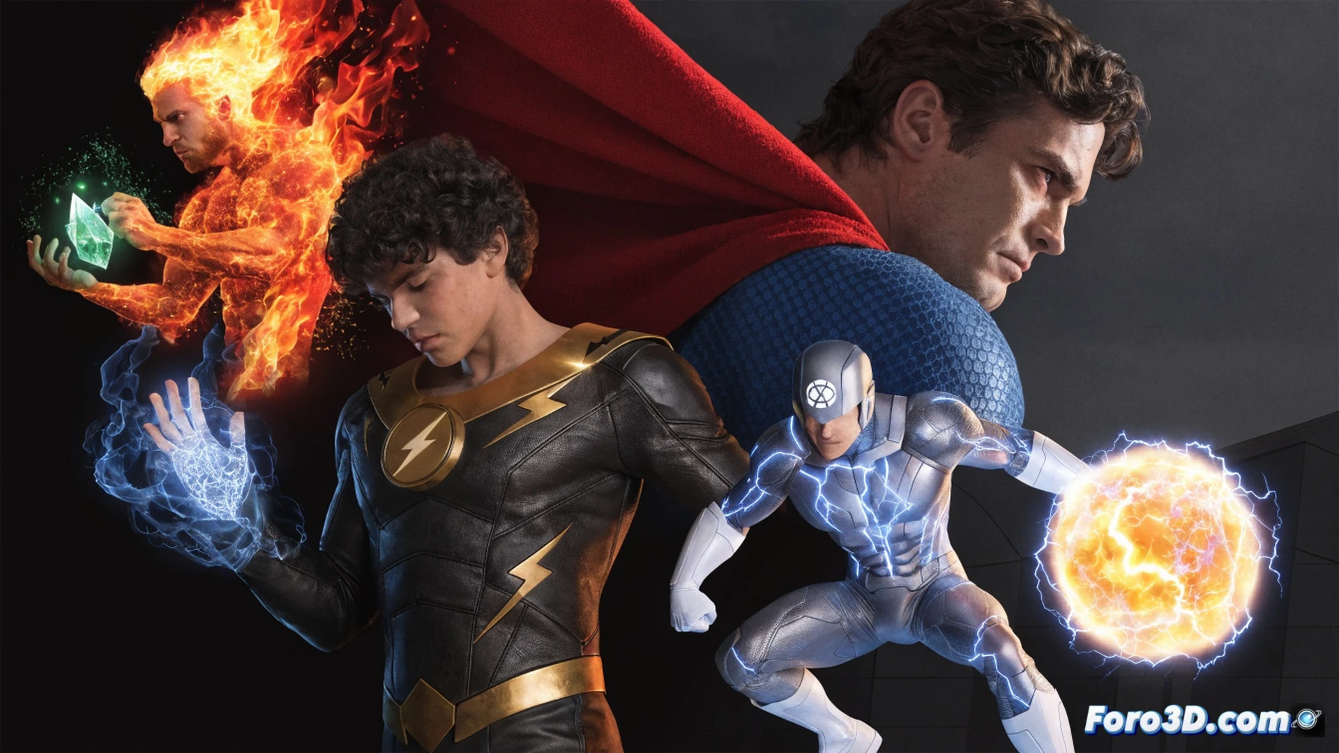 Justice League members confronting Superman in a high-tech command center, Firestorm creating glowing green Kryptonite crystal in his hands, Shazam summoning golden lightning bolts while Captain Atom emits atomic blue energy waves, Superman hovering mid-air with cape flowing, red and blue suit glowing under intense light, holographic displays showing power level readings, futuristic metallic walls reflecting energy blasts, cinematic photorealistic style, dramatic shadows and highlights, dynamic action poses, debris particles suspended in air, intense facial expressions, ultra-detailed textures on suits and skin, technical engineering visualization with energy flow lines