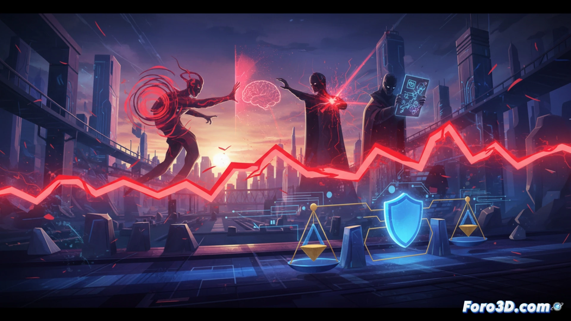 Photorealistic technical illustration showing a human silhouette with exposed circuitry brain, surrounded by floating holographic interface panels displaying red warning symbols, a robotic hand reaching toward a child figure, while a glowing red barrier line separates them, concrete urban setting, dramatic red and blue lighting, ultra-detailed metal textures, cinematic safety enforcement scene, demonstrating prohibited AI manipulation of vulnerable individuals, engineering visualization style, high contrast shadows, warning siren ambiance suggested by light pulses