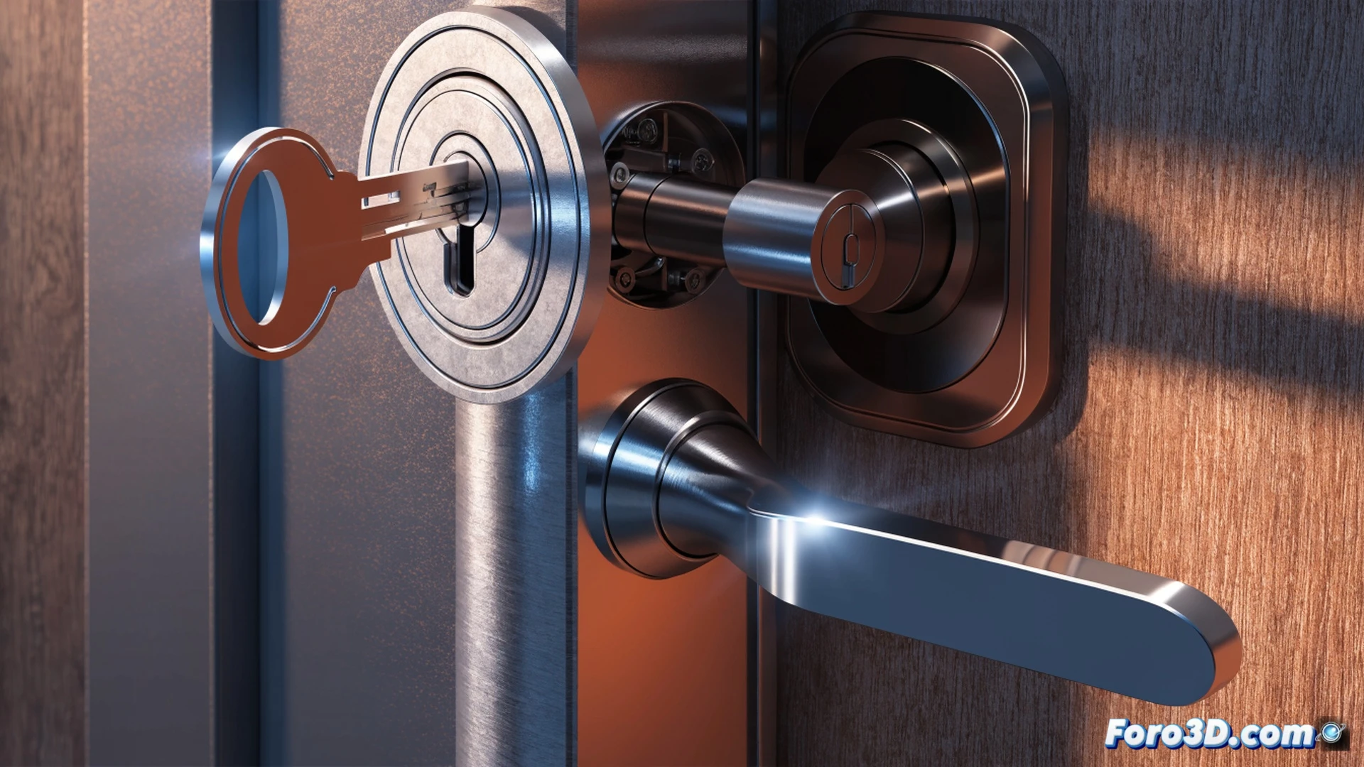 photorealistic technical illustration of a front door lock mechanism shown in cross-section, a key inserted from inside with a burglar outside using a bumping tool against the cylinder, internal pins lifting and disengaging under impact force, red warning glow highlighting the false security illusion, motion blur on the bumping hammer, metallic lock components with precise engineering detail, dramatic low-angle lighting emphasizing vulnerability, ultra-detailed brass and steel textures, cinematic security analysis visualization