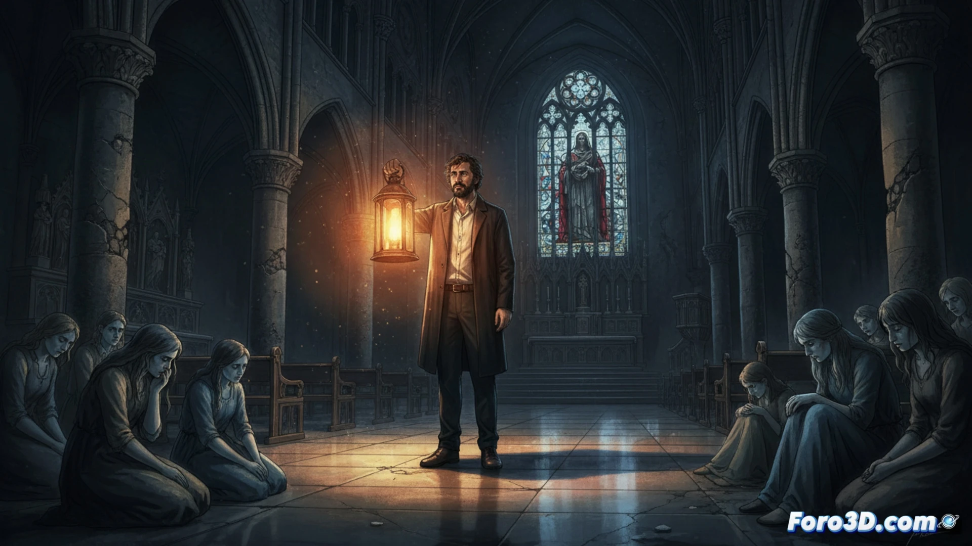 cinematic scene inside a dimly lit church, a single spotlight beam illuminates a wooden confessional booth, a priest’s silhouette visible behind the lattice, while in the foreground a hand holds a portable digital camera showing a paused video recording on its screen, the camera lens reflects the light, shadows of pews stretch across the marble floor, dust particles float in the beam, photorealistic technical illustration, dramatic chiaroscuro lighting, shallow depth of field, ultra-detailed textures of wood grain and fabric, no text or numbers visible