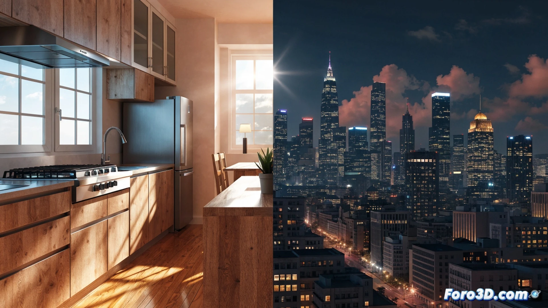 photorealistic technical illustration of a modern smart home kitchen at midday, a washing machine running with glowing green energy efficiency icon on its digital display, sunlit room with solar panels visible through window, electricity price chart showing a deep dip at 11:00-12:00 on a tablet, while in the background through a window the evening scene shows the same house with all lights off, a wall-mounted smart meter displaying 144.96 euros per MWh in red, dramatic contrast between bright noon sunlight and dark nightfall, cinematic lighting, ultra-detailed household appliances and energy monitoring devices, realistic home automation system visualization