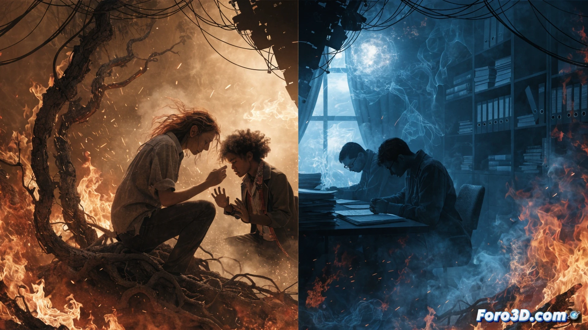 jungle canopy blazing with golden light, two silhouetted figures arguing in a rain-soaked clearing, laptop screen cracked on muddy ground, tangled power cables sparking near a flooded trench, steam rising from a coffee cup on a broken office chair, overhead drone camera capturing the chaos, cinematic photorealistic style, harsh sunlight piercing through smoke, wet leaves and mud textures, emotional tension visible in body language, dramatic chiaroscuro lighting, ultra-detailed foliage and water droplets, technical gear scattered among roots and vines