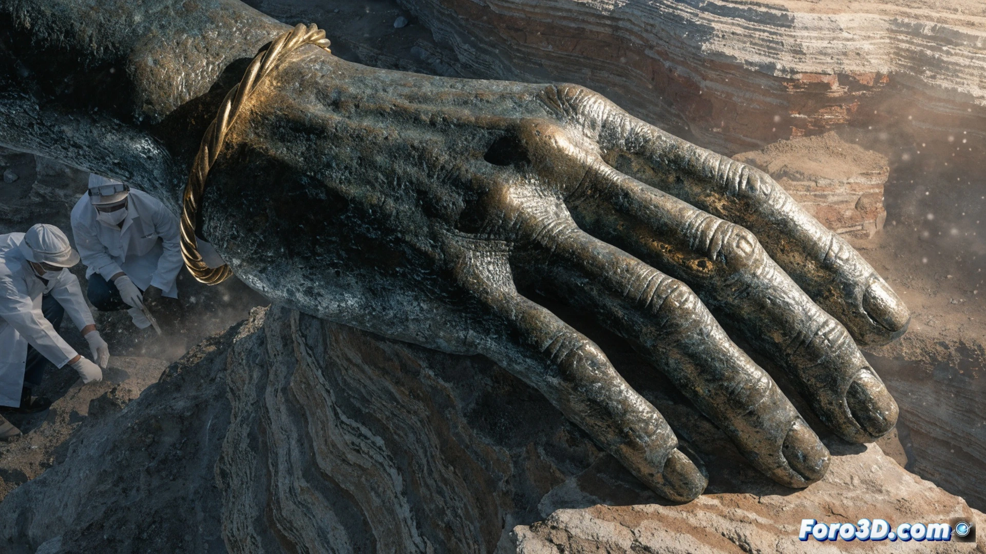Archeologist excavating a bronze hand with gold bracelet at a muddy Swiss dig site, 3500-year-old metallic artifact partially buried in stratified soil, worker using fine brush and trowel to reveal ancient metal surface, bronze patina contrasting with bright gold ornament, technical archaeological illustration style, dramatic side lighting casting long shadows on excavation grid, photorealistic render, ultra-detailed soil textures and metallic corrosion patterns, professional field documentation aesthetic, no human faces visible, focused on the hand emerging from earth