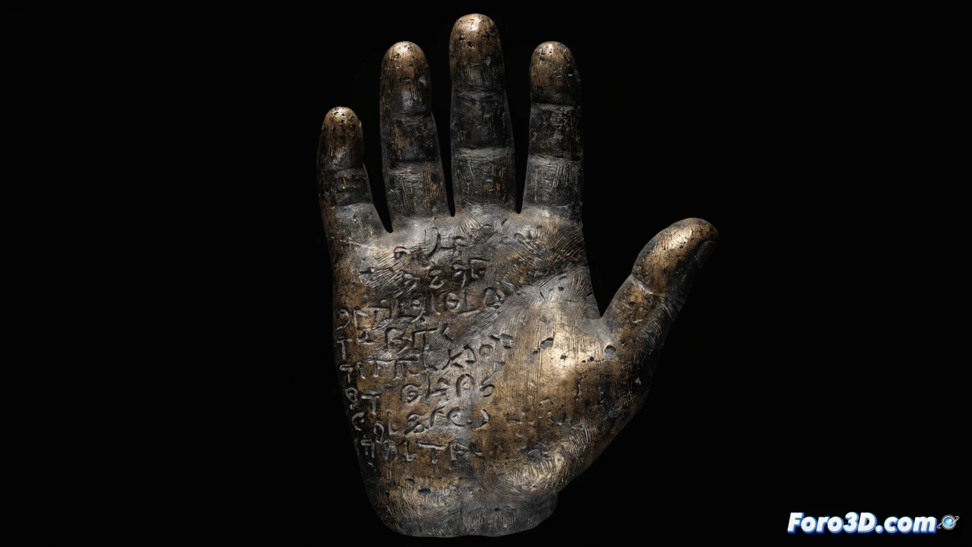 ancient bronze hand artifact being examined under intense LED microscopes in a dimly lit archaeology lab, two gloved researchers pointing at faint incised marks on the metallic surface while a holographic 3D scanner rotates around the object projecting wireframe lines, magnified cross-section of oxidized bronze layers revealing micro-cracks and patina gradients, technical engineering visualization, hyper-detailed metal texture with green corrosion and granular surface, dramatic side lighting casting deep shadows, photorealistic archaeological documentation style, shallow depth of field focusing on the hand palm, background showing spectral analysis equipment and reference casts