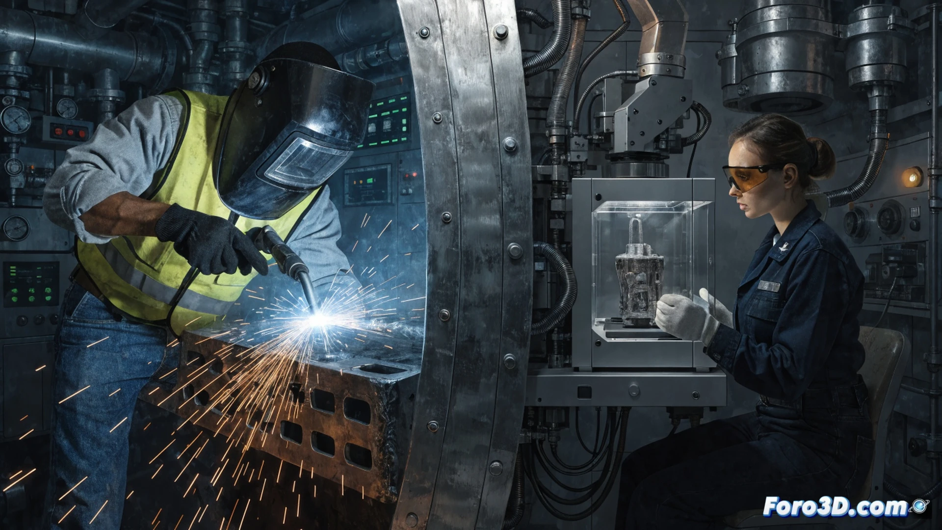 Marine welding specialist operating a hybrid 3D printer and CNC milling machine inside a deployable field workshop, molten metal filament depositing onto a turbine blade component, augmented reality hologram showing real-time fabrication data, portable additive manufacturing unit beside standard welding torch and calipers, desert camouflage tent background, industrial LED lighting, sparks from a nearby welding arc, photorealistic technical illustration, high contrast metallic surfaces, engineering visualization style, precise mechanical action visible