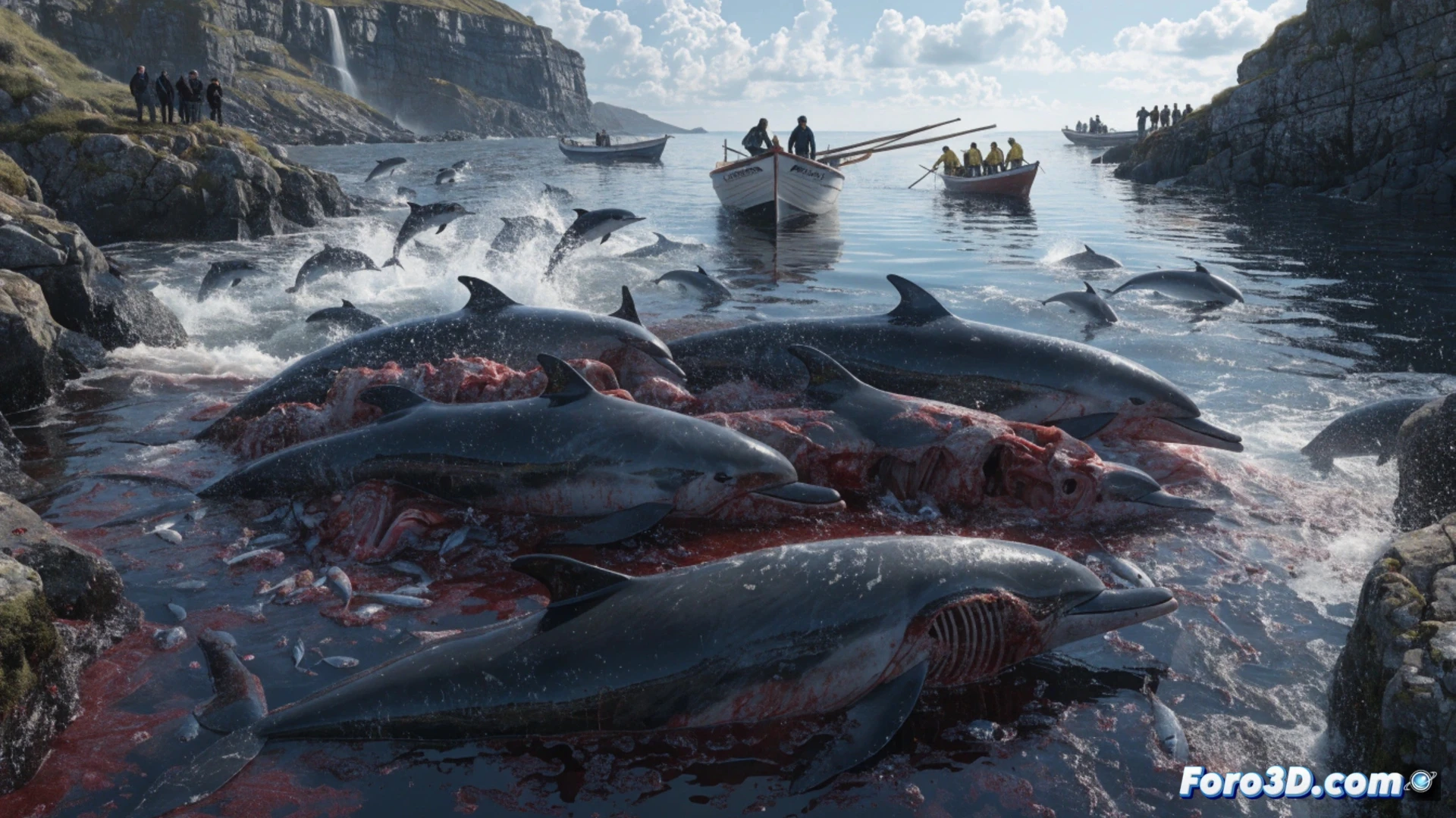 dramatic aerial view of a dark fjord in the Faroe Islands, red-stained water surrounding a small motorboat, 706 dead pilot whales floating motionless in a tight semicircle, fishermen in black rubber overalls standing on the shore using long curved knives and metal hooks to drag carcasses onto wet rocks, a single whale being cut open during the process, blood pooling on stone, abandoned plastic barrels for meat waste stacked nearby, overcast sky, cold blue-gray light, photorealistic technical illustration, high contrast, gritty cinematic style, no text, no numbers, no letters