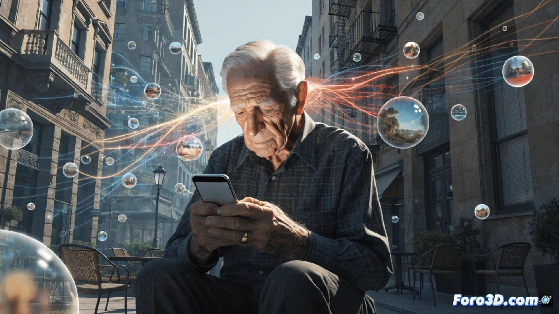 Photorealistic scene showing a senior woman outdoors using a smartphone app to record a voice memo about a past memory, while a younger man nearby does the same action, both smiling naturally, a tablet on a park bench displaying a calendar timeline with marked life events, a subtle split visual between a sterile white laboratory background fading into a vibrant green park, cinematic lighting, soft natural sunlight, high contrast between clinical and organic environments, ultra-detailed facial expressions, realistic skin textures, modern smartphone interface glowing, technical illustration style, no text or numbers visible in the image.